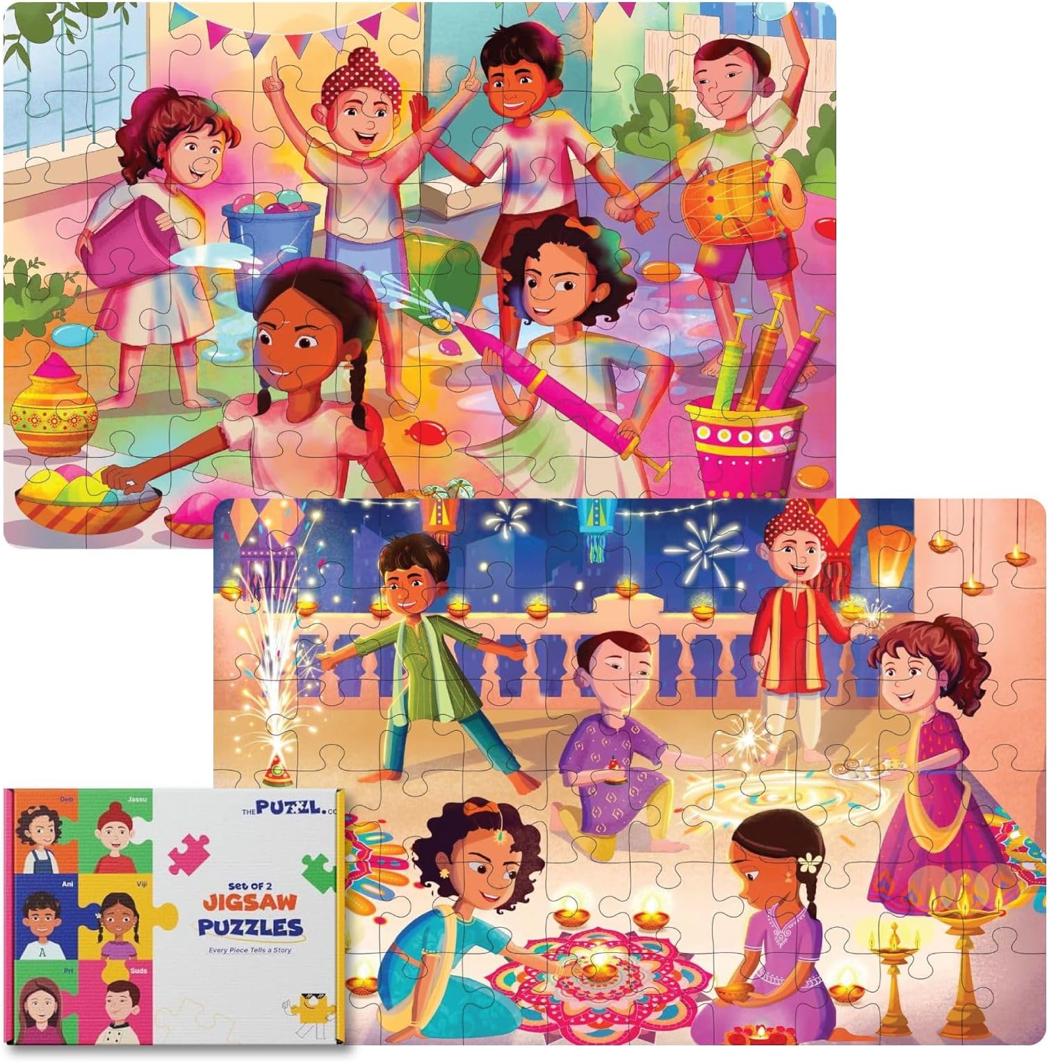 - Set of 2 Jigsaw Puzzles for Kids, 60 Pieces Each – Diwali & Holi Festive Themes, Premium Puzzle for Kids Age 4–5 Years, Puzzle Game for 7–10 Year Olds, Activity Sheets Included