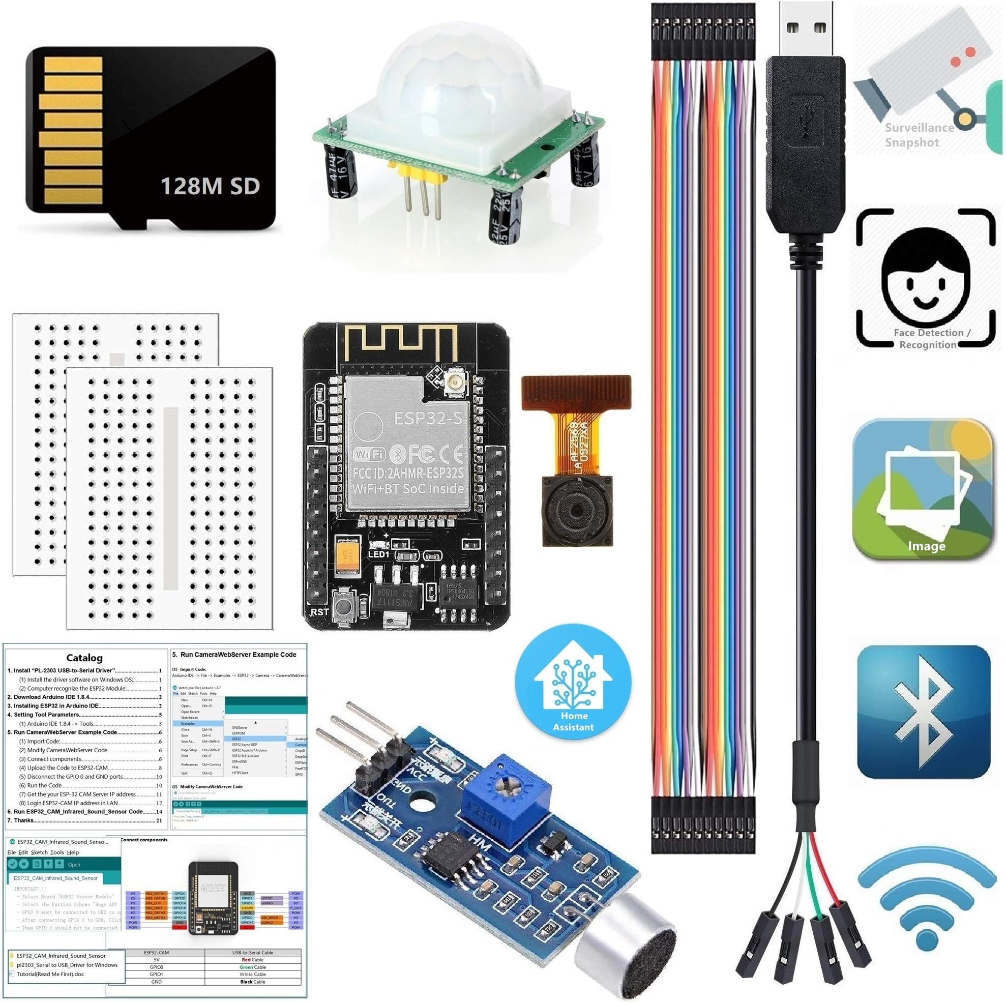 ESP32 CAM for Arduino Kits Monitor Snapshot Face Detection Recognition WiFi Bluetooth Camera Module with 128M SD Card USB to Serial Cable HC-SR501 Sound Sensor Compatible for Arduino IDE(Tutorial)