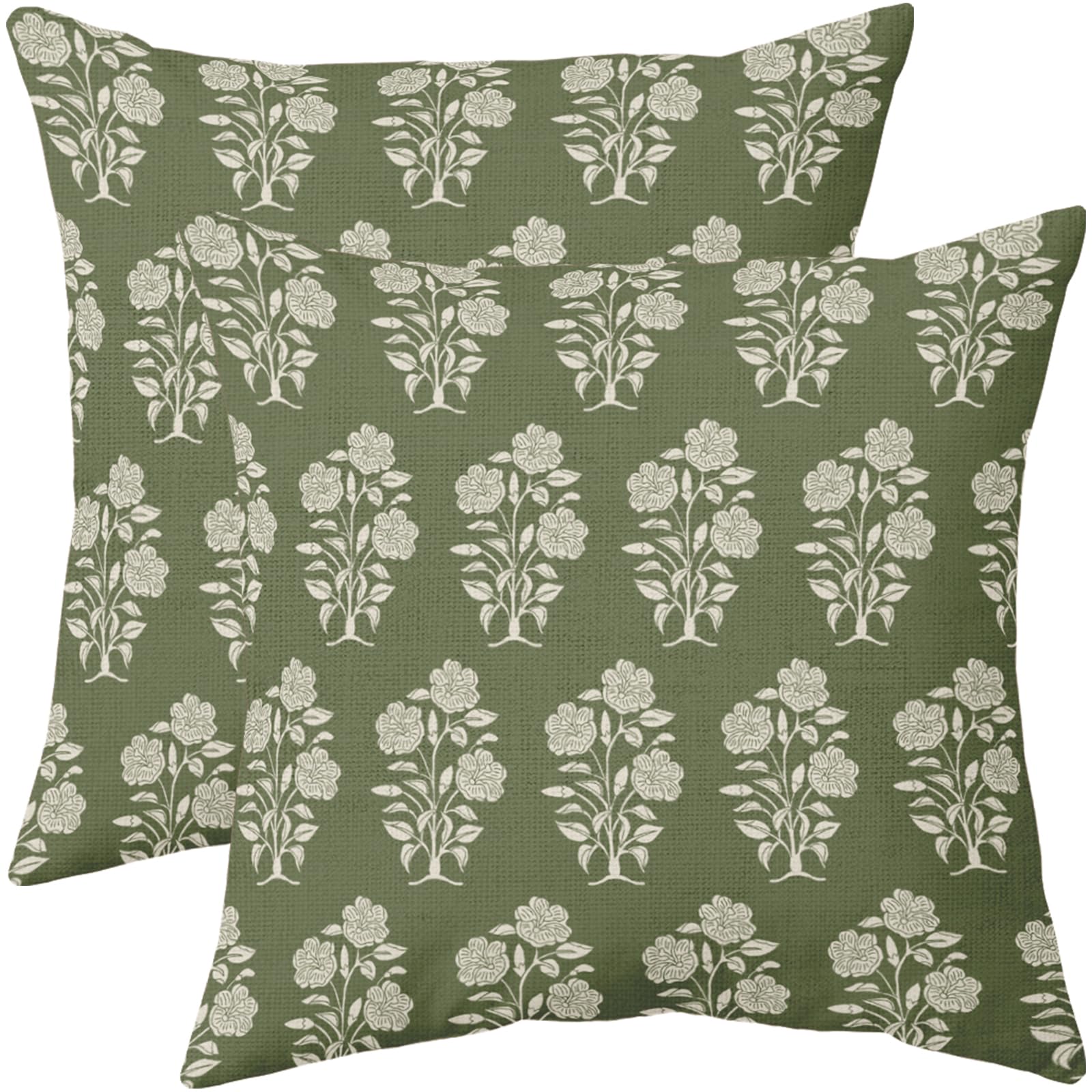 Dark Sage Green Spring Summer Floral Pillow Covers 16x16 Set of 2 Block Print Cream Vintage Flower Leaves Outdoor Decorative Throw Pillows Farmhouse