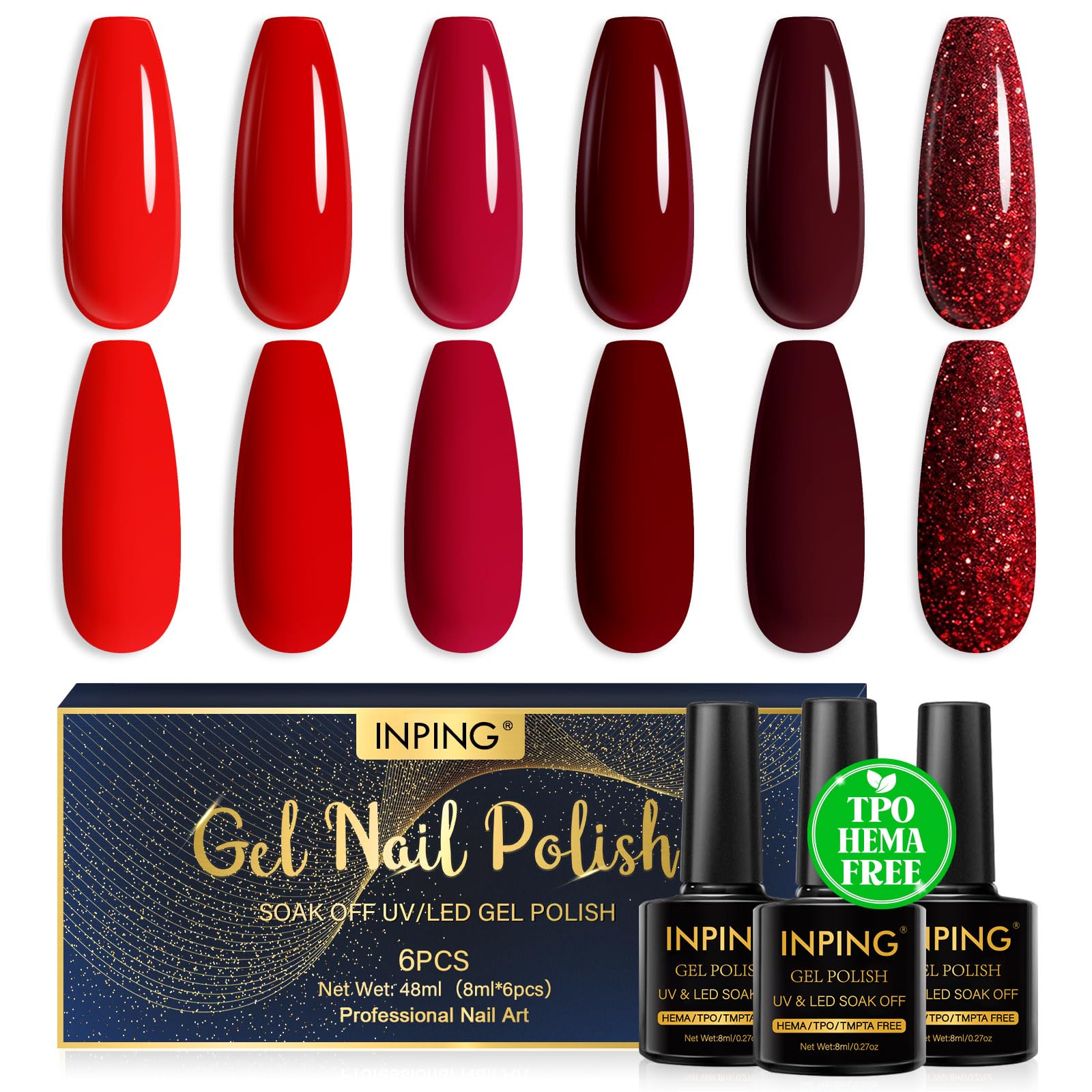 INPING UV Nagellack, HEMA/TPO/TMPTA-Frei, 6 Farben UV Gel Nagellack Soak-Off UV/LED Gel Nägel für Anfänger DIY Nail Art Lack Maniküre Salon, Langlebig, 8 ML