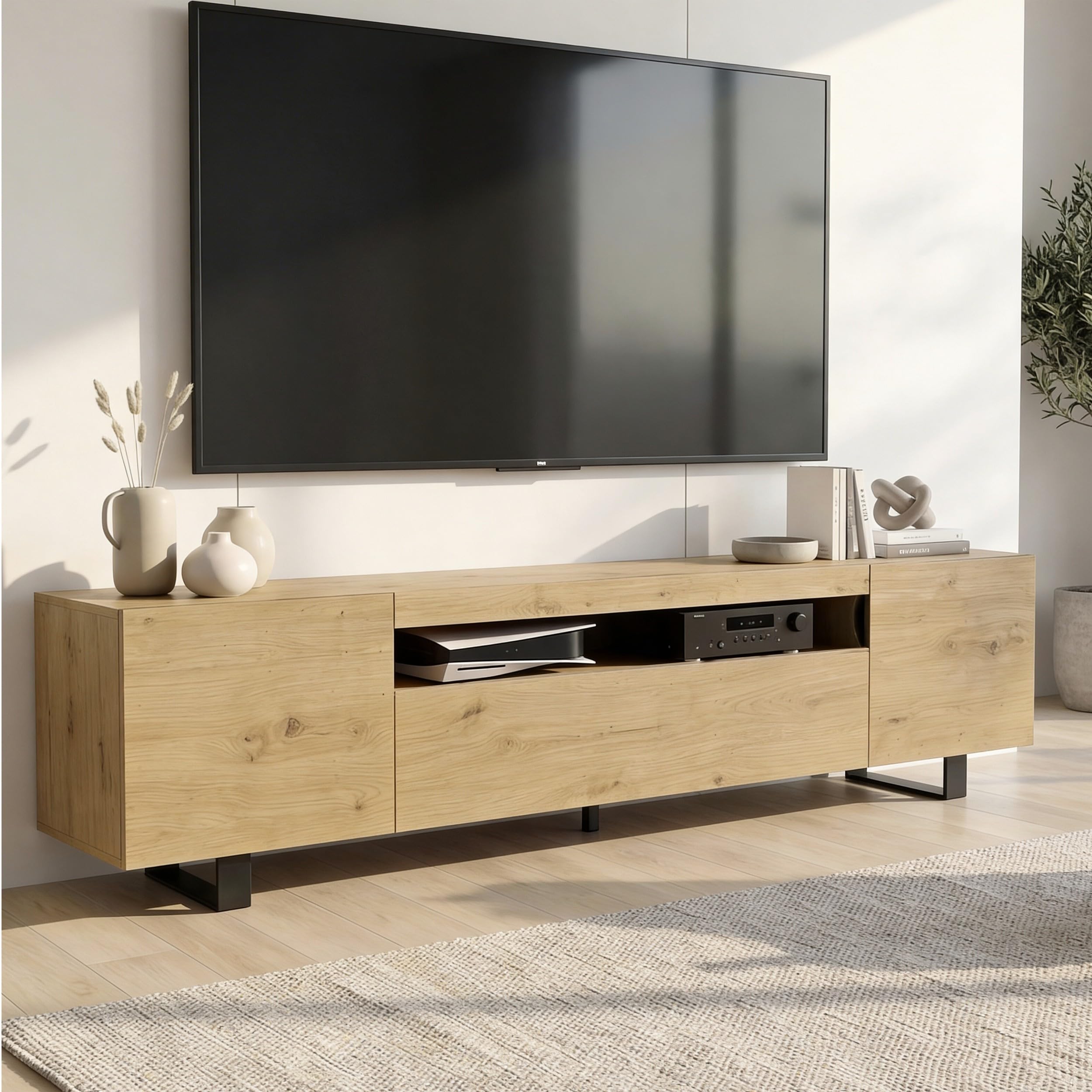 Blisswood TV Unit, 180cm Large TV Stand for 55–85 Inch TVs, Modern Wooden TV Unit with 3 Door Storage Cabinets & Open Shelf, Media Console Entertainment Centre Table for Living Room Bedroom, Oak
