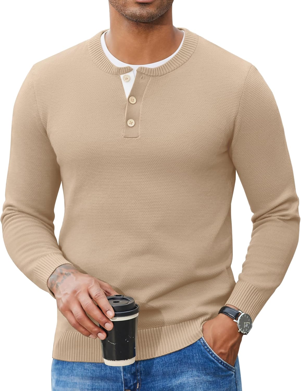 COOFANDY Men's Henley Sweater Long Sleeve Textured Pullover Sweaters Casual Button Crewneck Knit Sweater