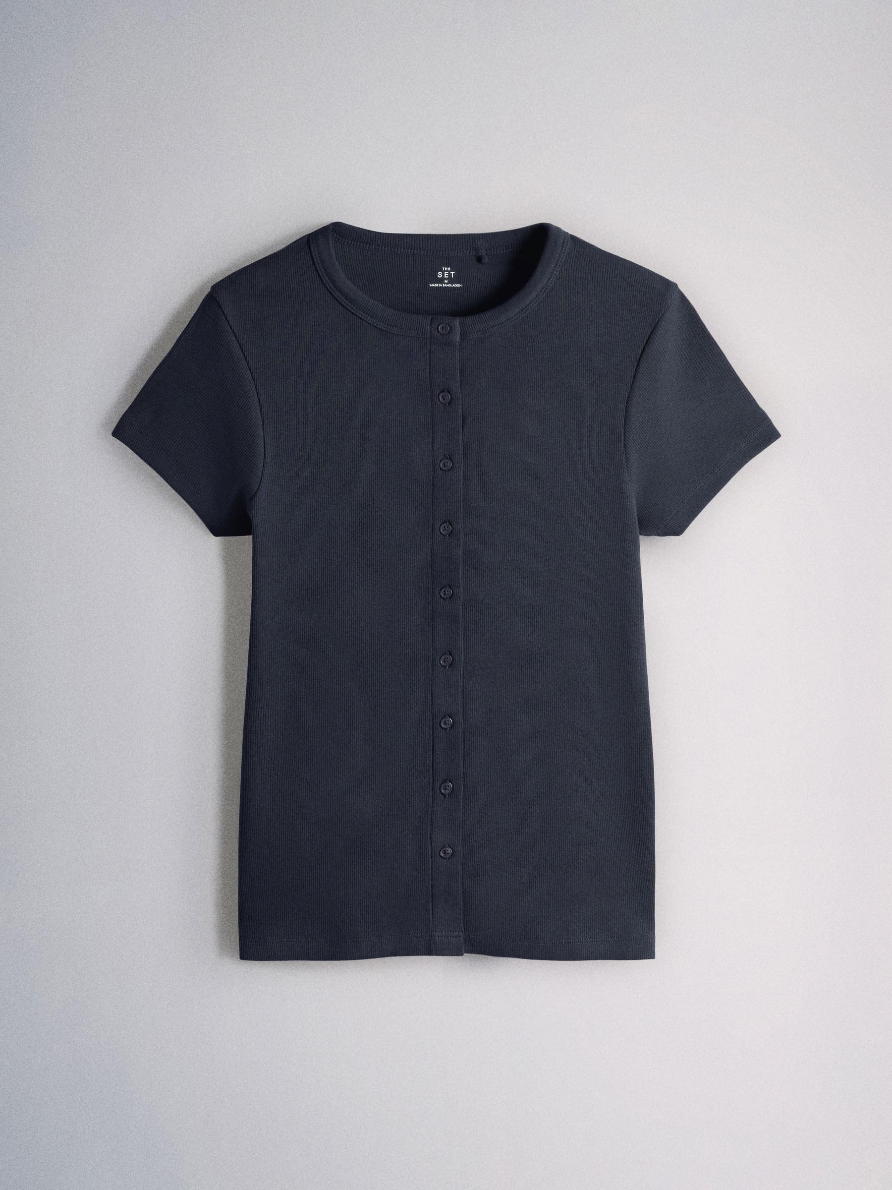 THE SET Damen Gerippte T-Shirts mit Durchgehender Knopfleiste, 4er-Pack