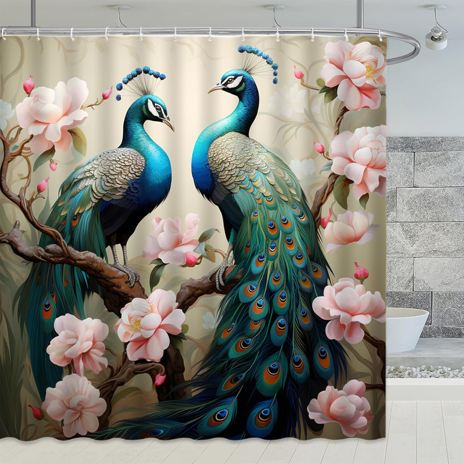 Two Peacock Shower Curtains Asian Chinese Style Beautiful Birds Pink Flower Elegant Animals Floral Plant Bathroom Decor Hanging Curtain Sets 87x70 Inch with Hook