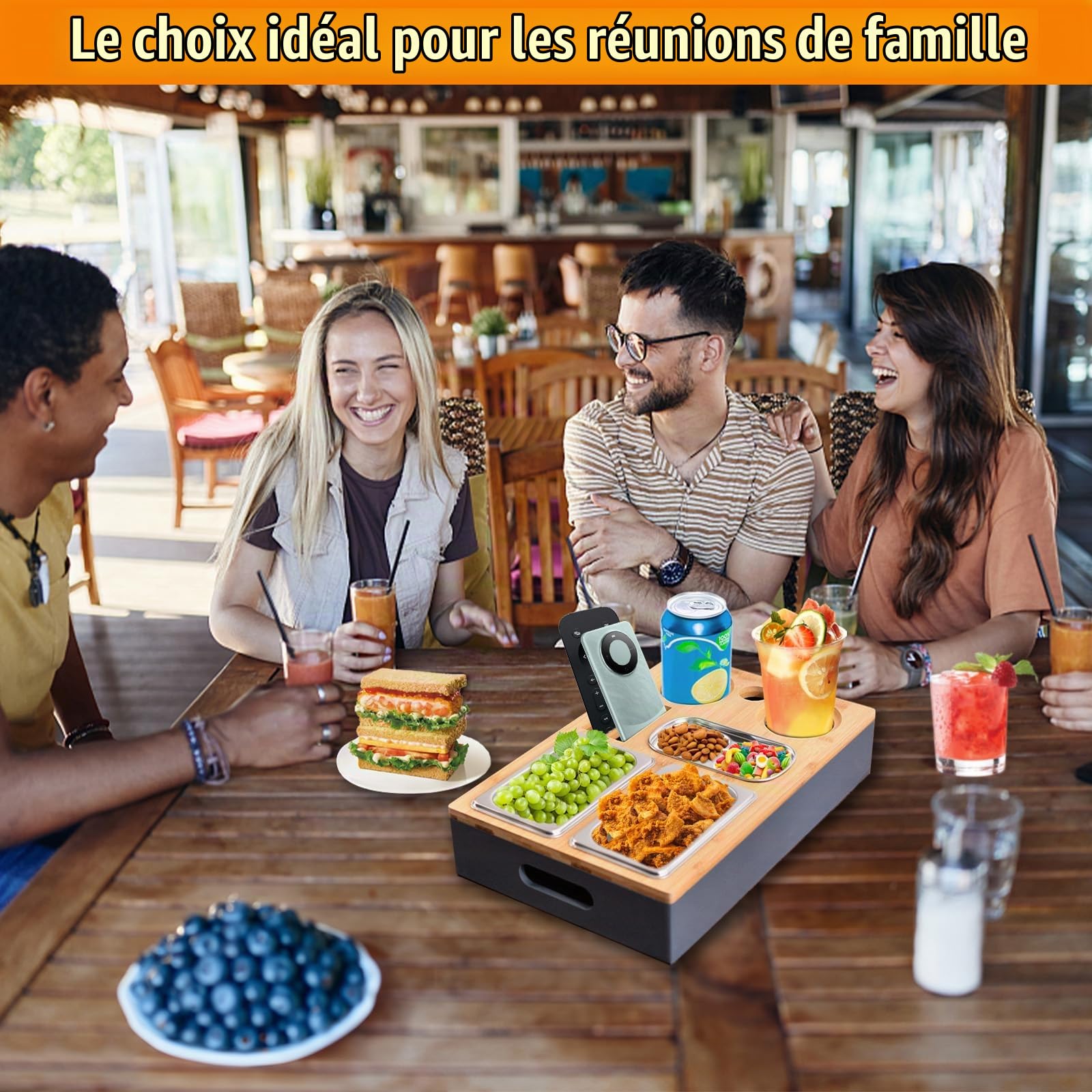 Plateau Collation Canapé avec Bols Snack Acier Inoxydable Amovible, Plateau Bois pour Salon Chambre Jardin Camping Voiture, Plateaux Nourriture Bambou pour Restaurant, fête, Rassemblement, Pique-Nique
