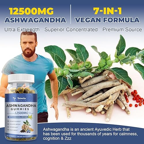 Miniatura 5 de Totaria Gomitas rellenas de Ashwagandha sin azúcar con vitamina D3, glicinato de magnesio, rodiola, suplementos de raíz de ashwa ultra fuertes para