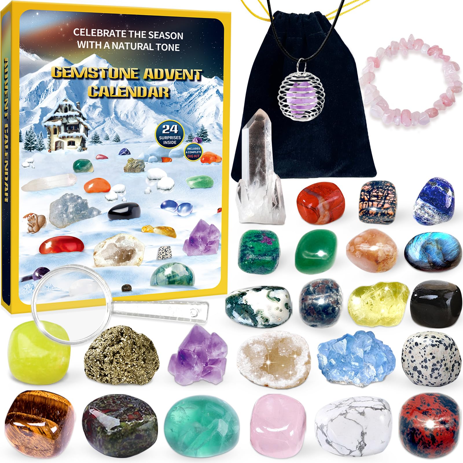Gemstone Advent Calendar 2025 for Kids with 24 Days Christmas Countdown, Grystals & Natural Rock Stones & Minerals for Exploring, Learning, Collection, Xmas Gift for Girls Boys Geology Enthusiasts