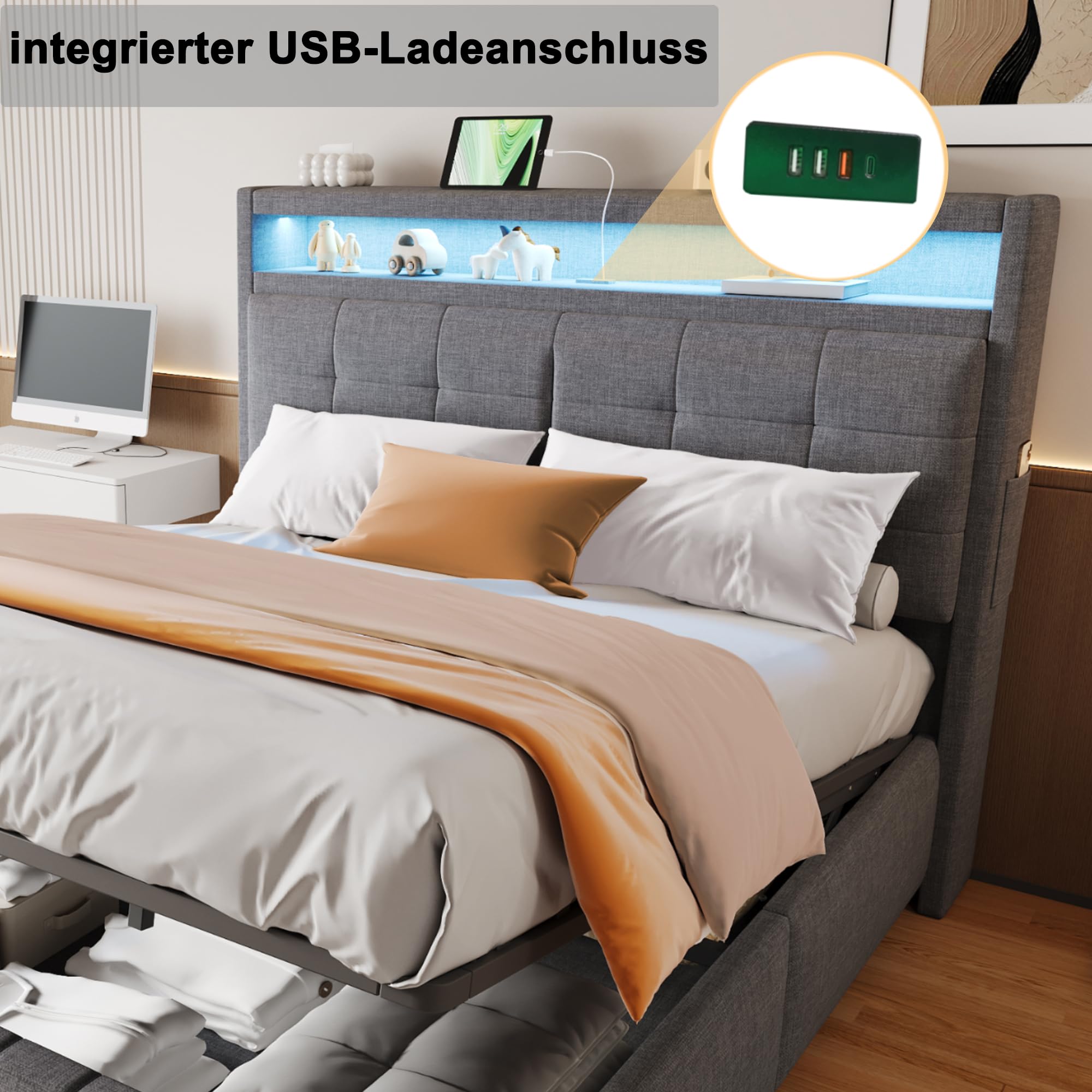 LAKFEW Camas Matrimoniales Cama 160x200 cm con Iluminación LED y USB, Canape 160x200 Cama Doble Tapizada con Almacenaje Hidráulico y Cabecero con Estante, Estructura Metálica, Lino, Gris, Sin Colchón