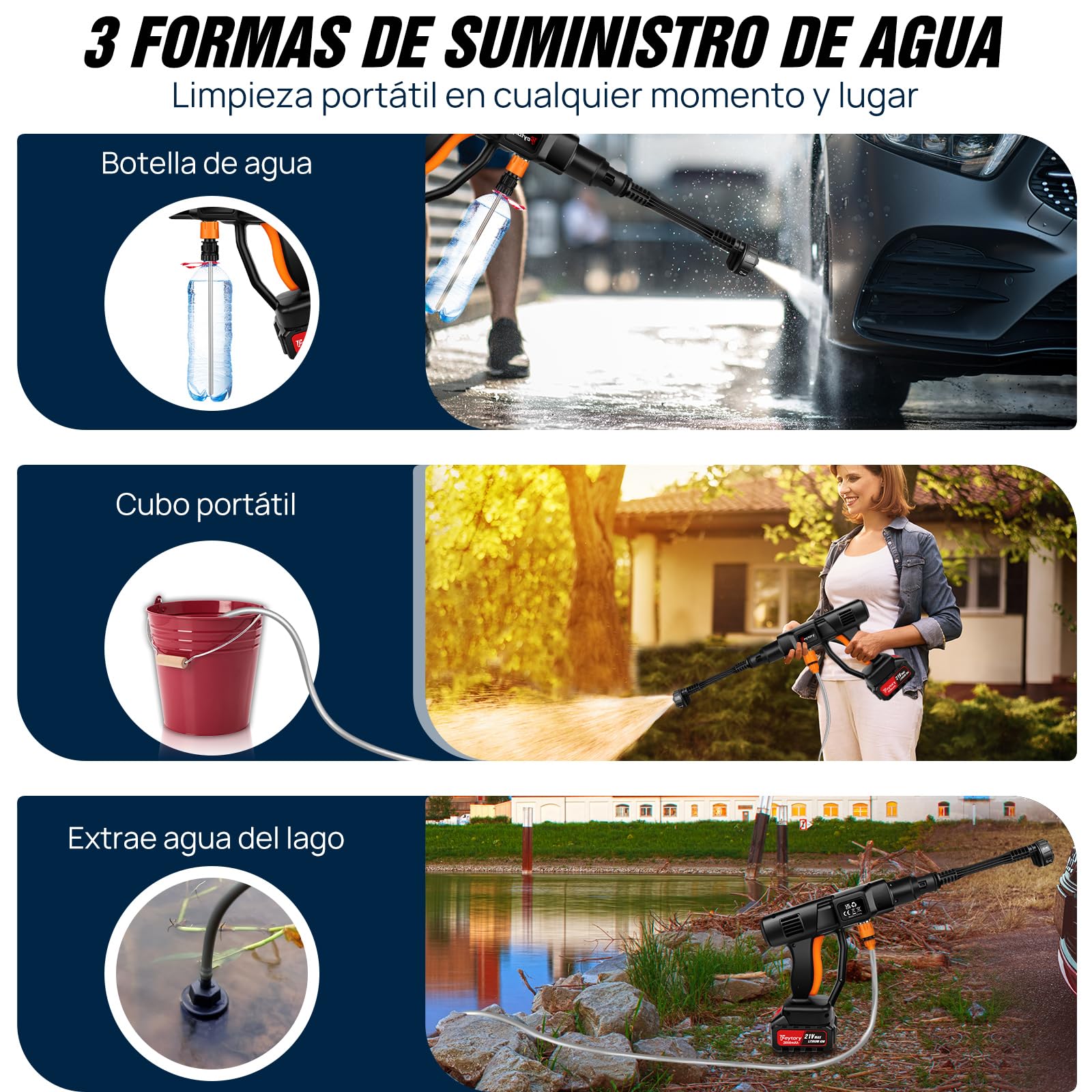 21V 45 Bar/652 PSI Hidrolimpiadora sin Cable, Hidrolimpiadora portátil con batería de 3.0Ah,Boquilla Ajustable 6 en 1,Manguera de 16.4FT Limpiadora a presión para Coche/Suelo/jardín Limpieza y riego