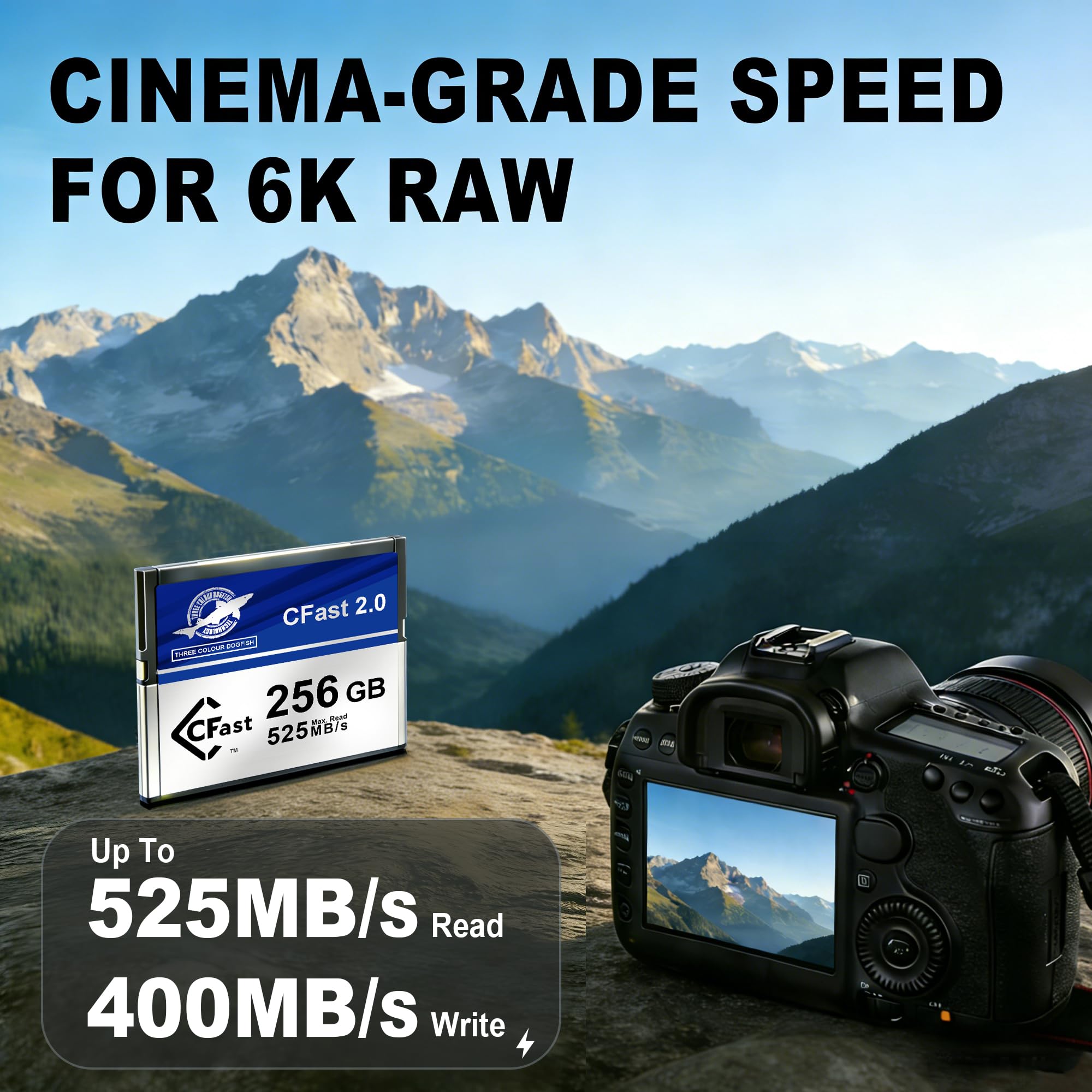 Dogfish CFast 2.0 256 GB karta pamięci do kina 4K/6K RAW, prędkość odczytu do 525 MB/s dla profesjonalnych odtwarzaczy wideo, kompatybilna z aparatami cyfrowymi i kamerami wideo