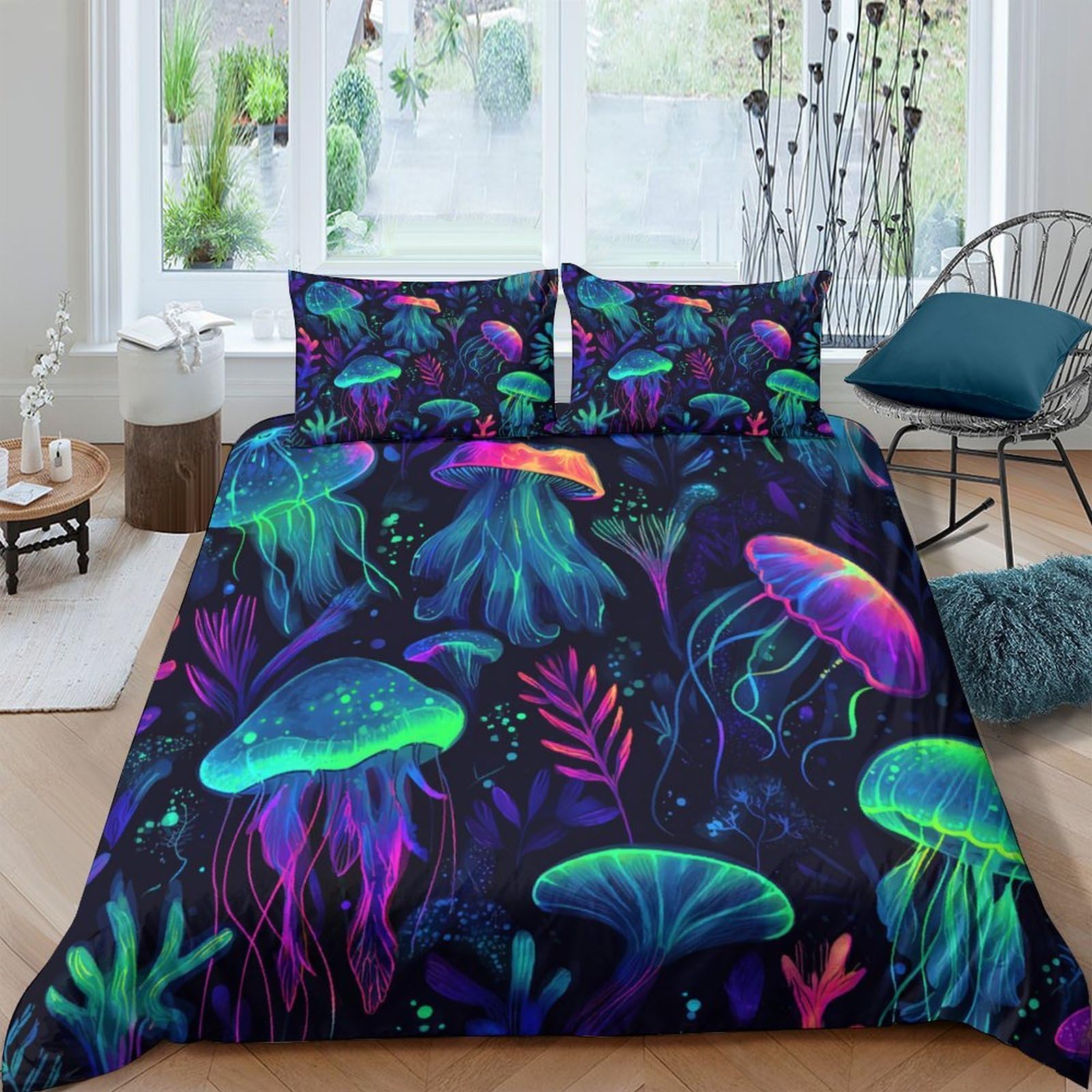 TUFRTGYHN 3D Printed Jellyfish Ocean Duvet Cover Set Microfiber Breathable Fluorescent Underwater Quilt Cover with 2 Pillowcases for Bedroom Decor Single（135x200cm）