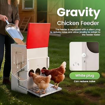 25LB Automatic Chicken Feeder No Waste Metal Gravity Poultry Feeder Treadle Feeder 3 Feeding Ports with Lid, Weatherproof Galvanized Chicken Food Dispenser for Ducks, Goose, Turkey