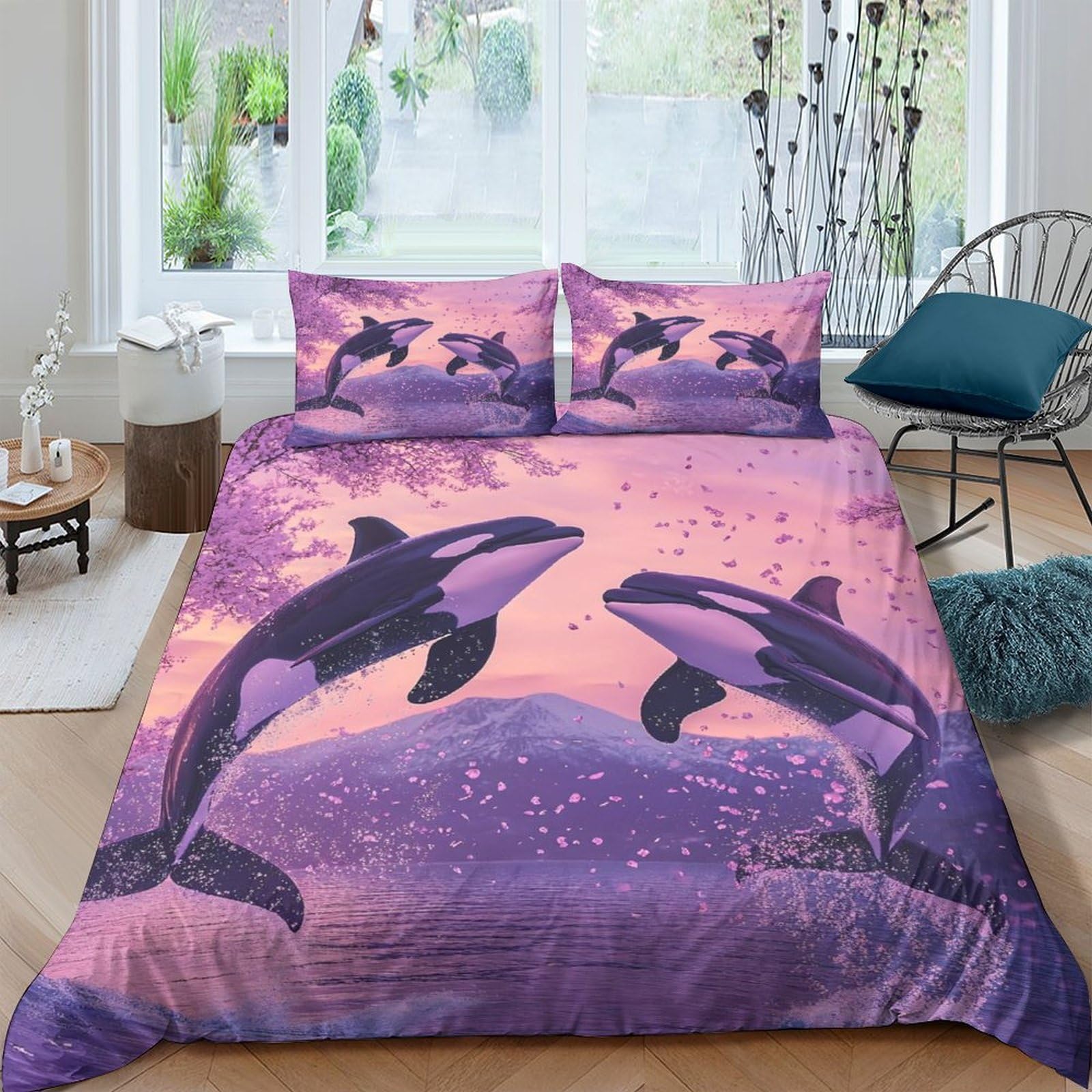 Ctjqhvkz Style-6 3D Printed Ocean Dolphin Fitted Sheet Microfiber Soft Purple Sunset Mattress Cover For Bedroom Dorm Mattress Protection Decor Single（135X200cm）