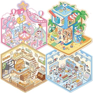 iGetooy 3D Sticker Scene, 4 Sets DIY 3D House Stickers for Kids, Cute Stickers for Laptop, Water Bottle, Phone, Make Your Own Scene Sticker for Adults & Kids Relief Stress Pass The Time