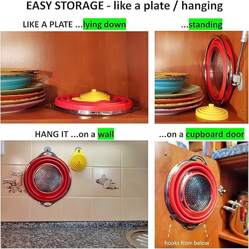 Miniatura 3 de Colador y embudo plegable, acero inoxidable con silicona roja. Accesorios para caravanas para interior, organización y almacenamiento de cámper,