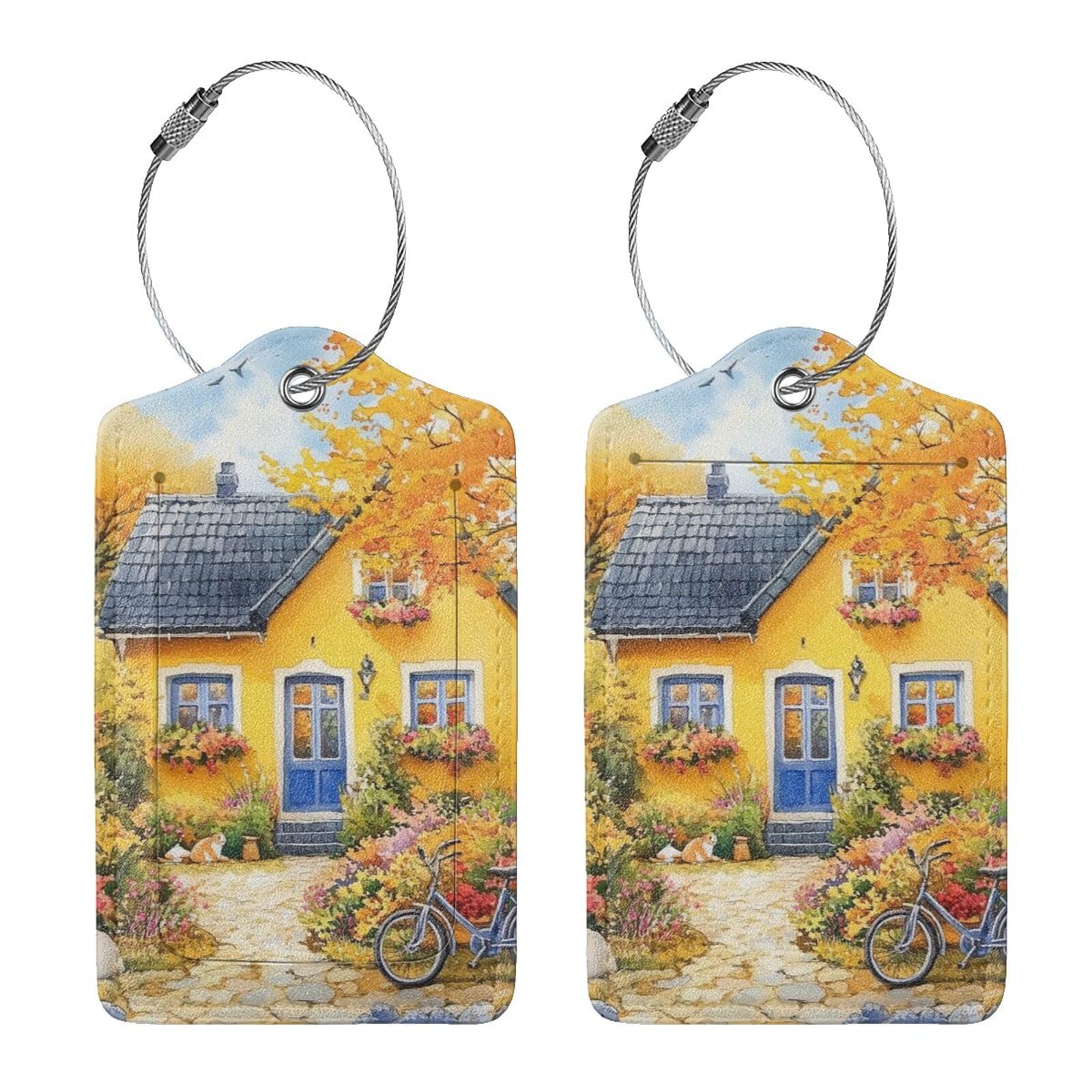 4 etichette per bagagli in pelle ecologica in poliuretano, per valigie, alberi di casa autunnali, colore giallo, con anello in acciaio inox, per donne e uomini
