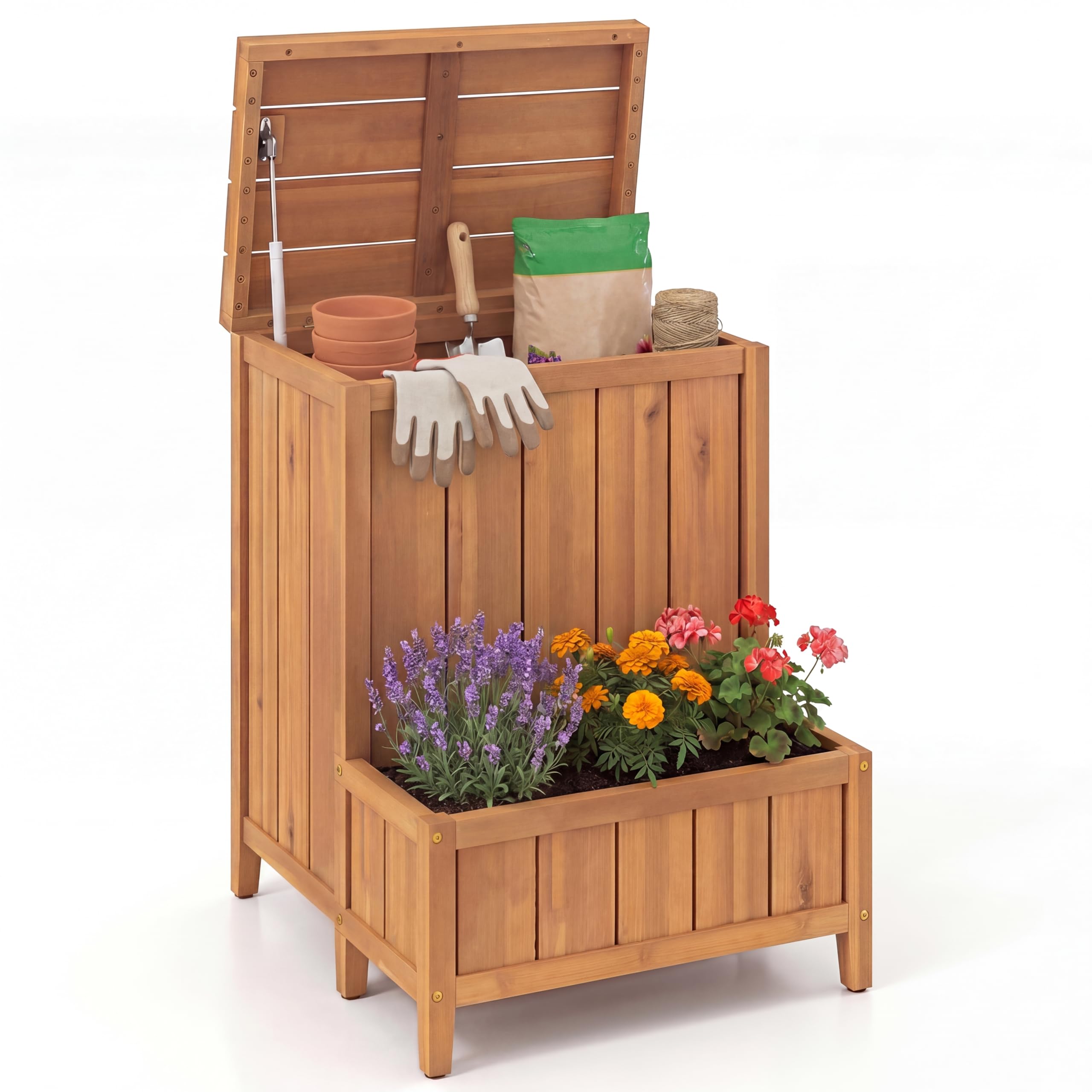 HOMASIS 2 in 1 Paketbox mit Pflanzkübel, Paketannahme mit Blumenkasten aus Holz, Auflagenbox mit Deckel & Gasdruckfeder, multifunktionale Aufbewahrungsbox für Terrasse & Garten, Natur