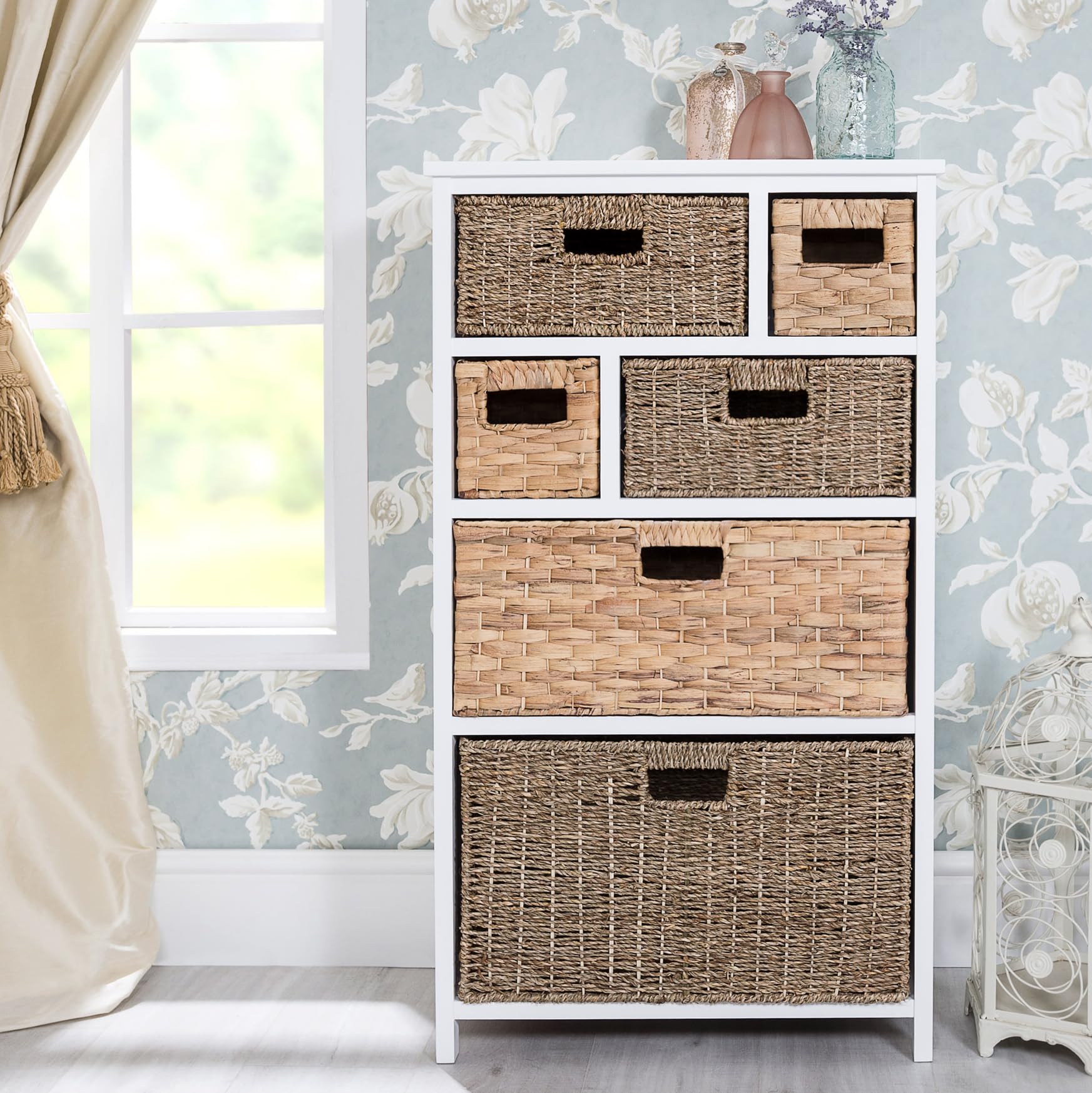 Statement Furniture Tetbury Large White Storage Unit with 6 Mixed Size Drawers | Modern Wicker Storage Chest of Drawers for Hallway Home Office Living Room | Fully Assembled
