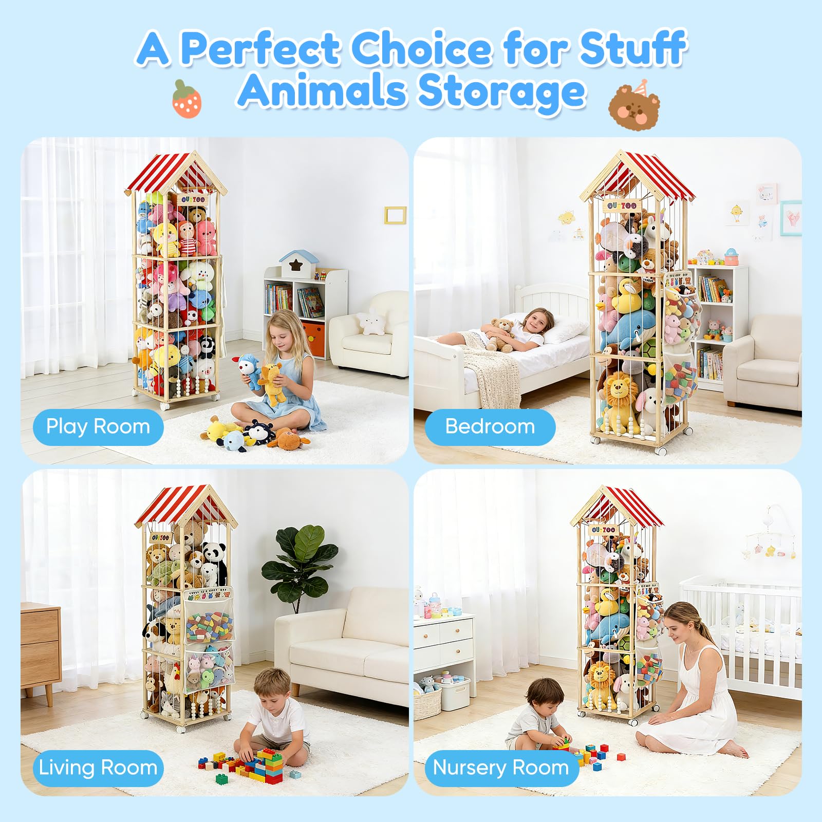 Rangement pour Peluches, 151x46x46CM Rangement Peluche Enfant en Bois Massif, Range Peluche avec Roulettes Pivotantes Verrouillables à 360° pour Chambre de Bébé, Salon, Chambre D'enfant