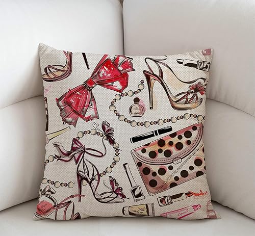 Miniatura 2 de Cosméticos de moda, color rosa, dibujados a mano, zapatos femeninos, lápiz labial, perfume, estilo granja, funda de cojín decorativa para sofá,