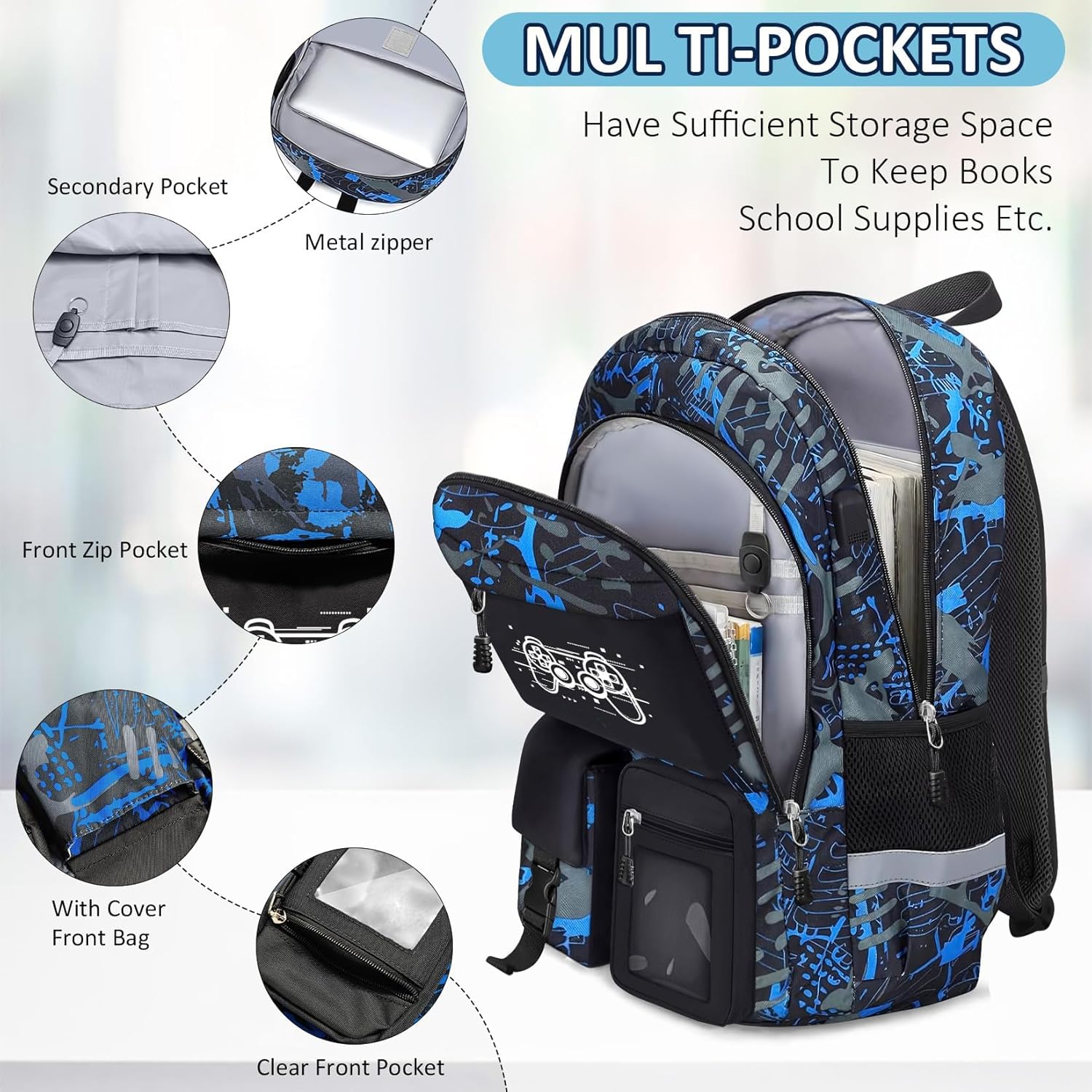School Backpack for Boys - Gamer Boys Backpack for Kids Children Teens Elementary Middle School Students - 18" Large Capacity School Bookbag with Multiple Pockets