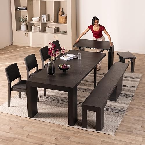 Miniatura 39 de Transformer Table - Mesa de comedor extensible de madera maciza, asientos 2-12, mesa de comedor extensible, muebles que ahorran espacio, muebles de