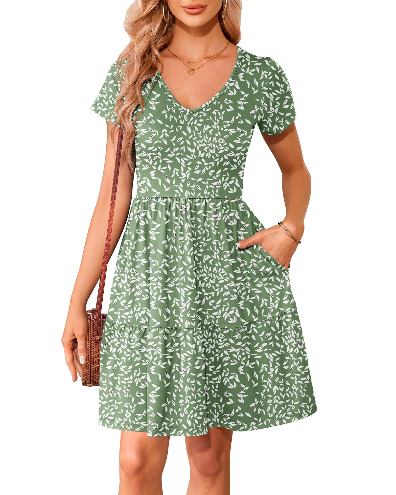 WNEEDU Sommerkleider Damen V Ausschnitt Kurzarm Strandkleid Elegante Knielange Freizeitkleid Taillenbetontes Midikleid mit Taschen