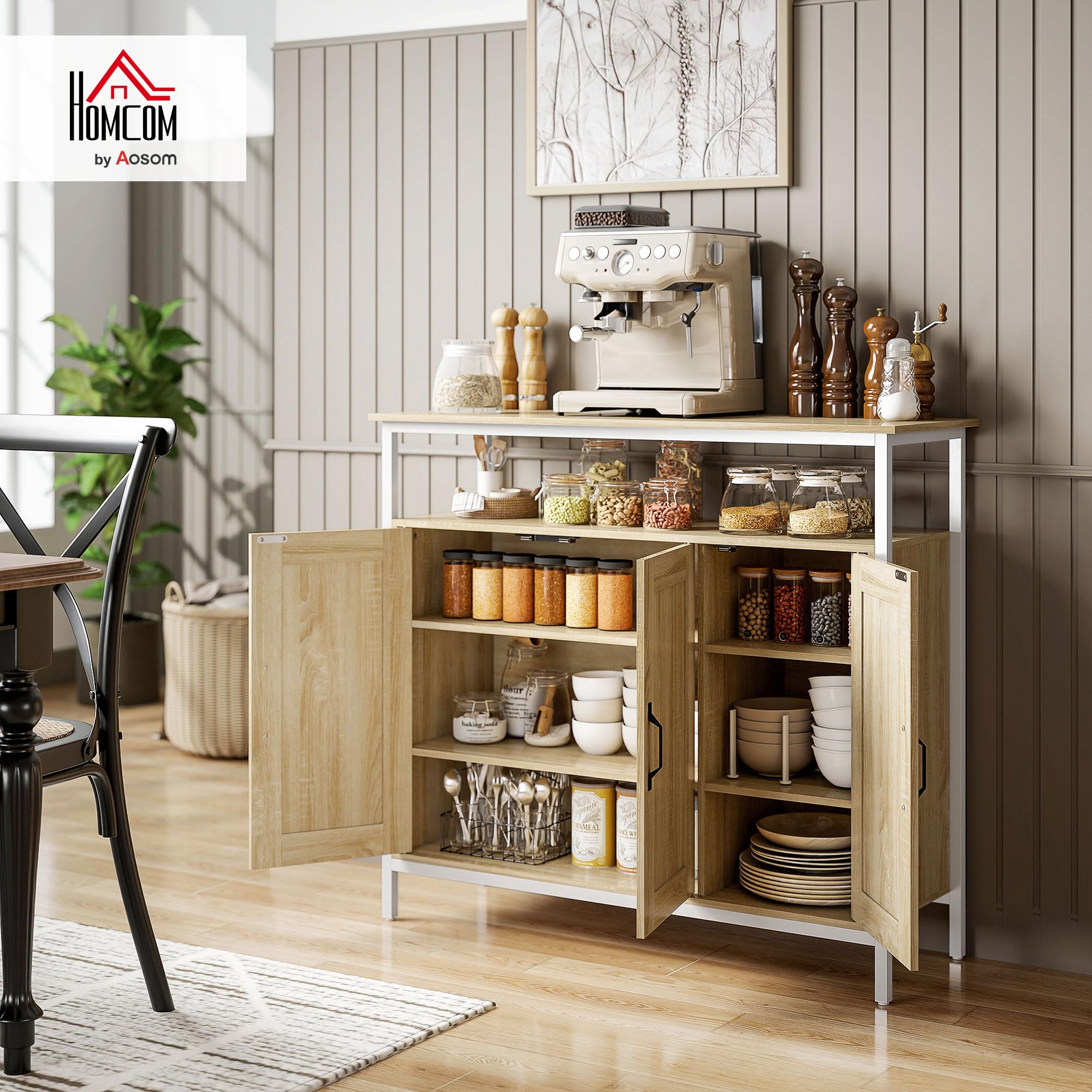 HOMCOM Buffet 3 Portes, Compartiment Ouvert, 100 x 35 x 88 cm, Bois Naturel | Meuble de Rangement, 4 Étagères Réglables, Cadre en Métal, Style Industriel, Salle à Manger, Cuisine, Salon