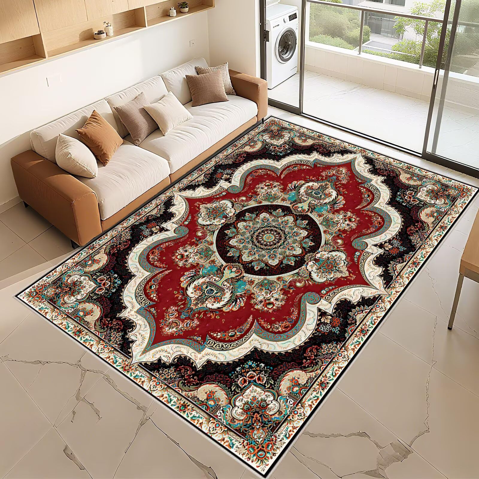Tapis chambre anti glisse rouge 200x300cm au motif floral vintage