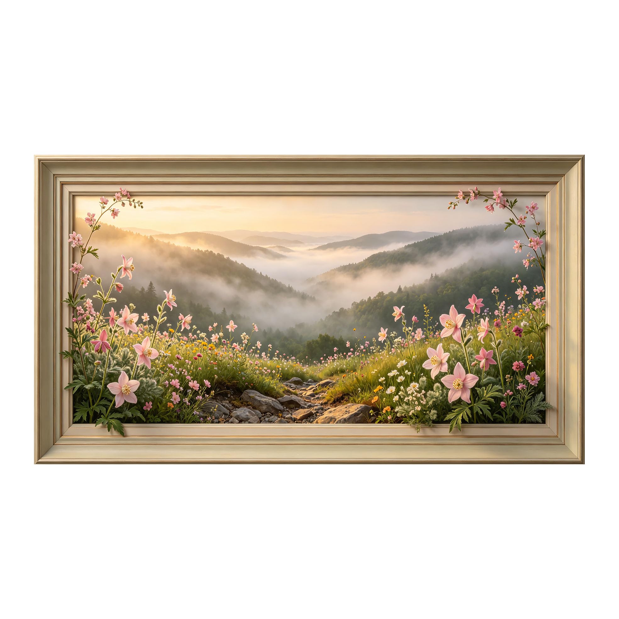 Yzpallescene 3D Framed Wall Art 50cm×100cm Misty Mountain Botanical Floral Meadow Sunset Panoramic Large Size SelfAdhesive Removable Wall Decor Prints Artwork for Living Room Bedroom Office