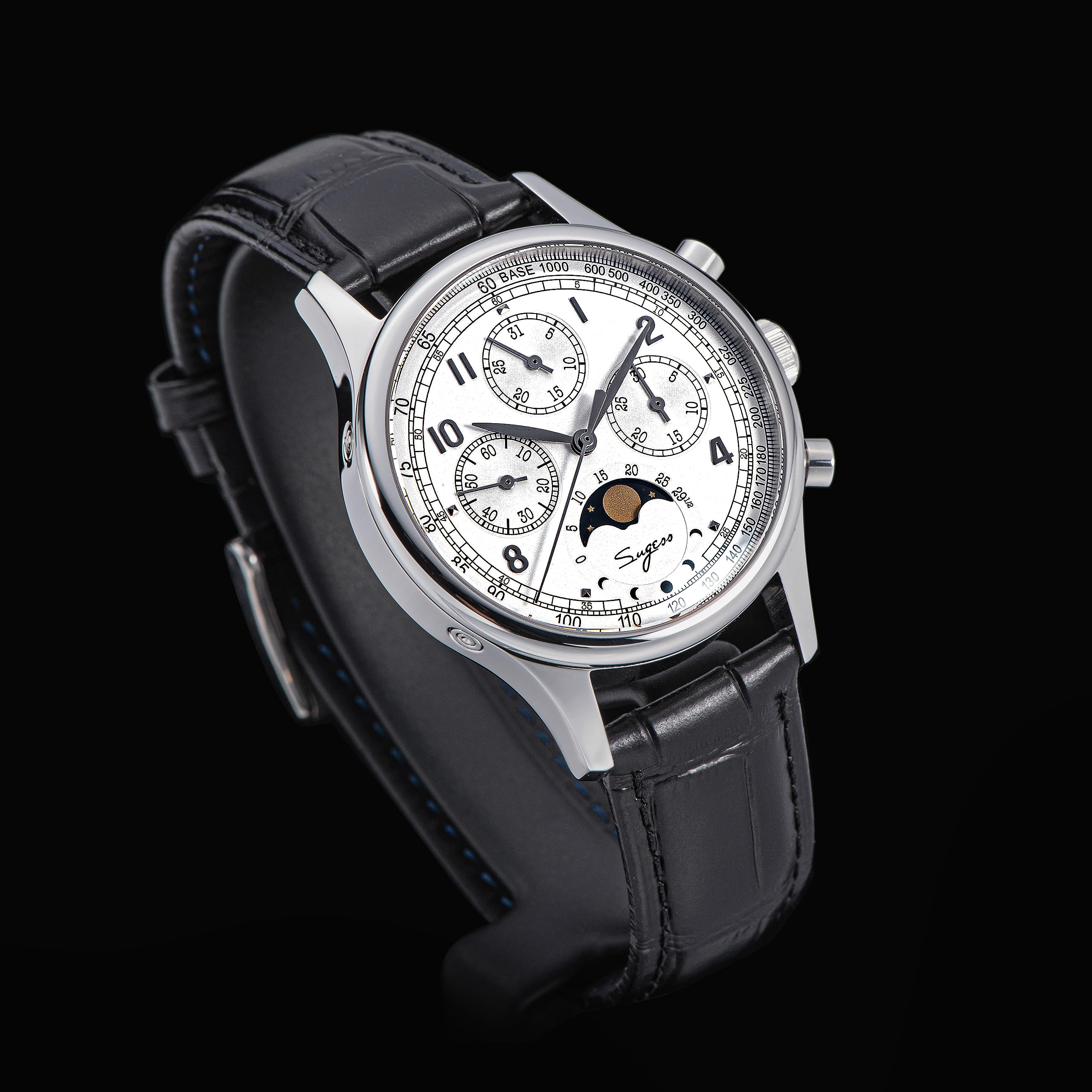S389-2.01 MoonPhase Master Gold Schwanenhals Version Möwe ST1908 Uhrwerk Saphirglas Herren Chronograph Mechanische Herrenuhr 1963, weiß, Armband