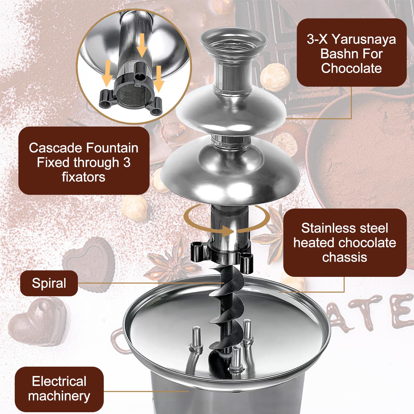 Fontana di Cioccolato Elettrica, Fontana di Cioccolato a 3 Livelli, Macchina per Cioccolata Fondente in Acciaio Inox con 60W, Capacità 450g, per Feste, Compleanni, Natale