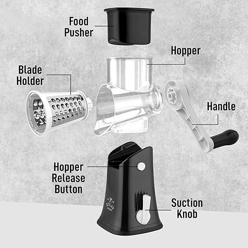 Miniatura 8 de Zulay Kitchen Rallador rotativo de queso de 5 cuchillas, rallador de queso manual de manivela con succión reforzada y 5 tambores intercambiables,