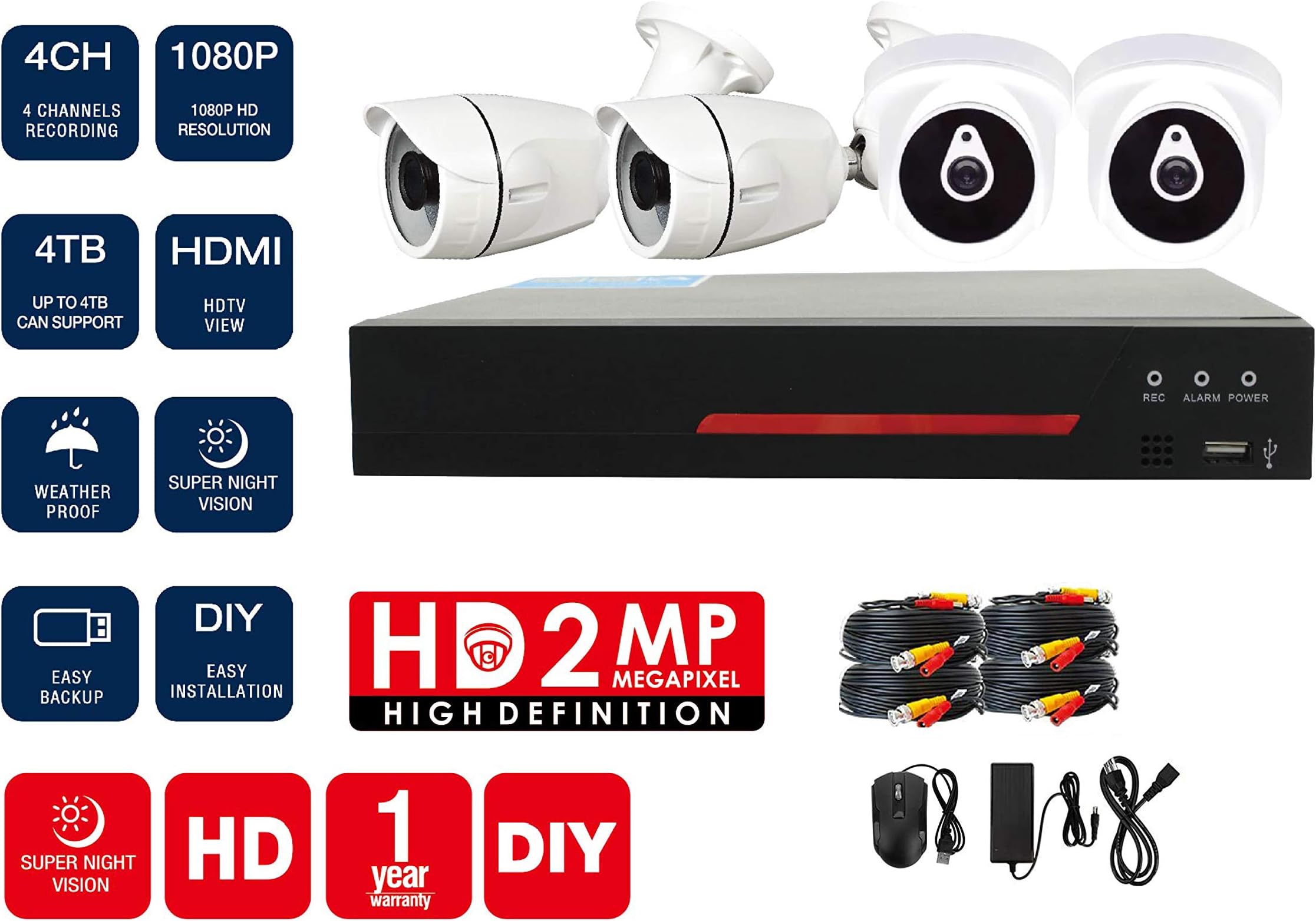 UK PLUS DIY 1080P 4CH Home Office Security Camera Surveillance CCTV AHD kit with DVR Full HD 2 Dome Camera Indoor Camera 2 Bullet Camera Outdoor Camera Complete set No HDD