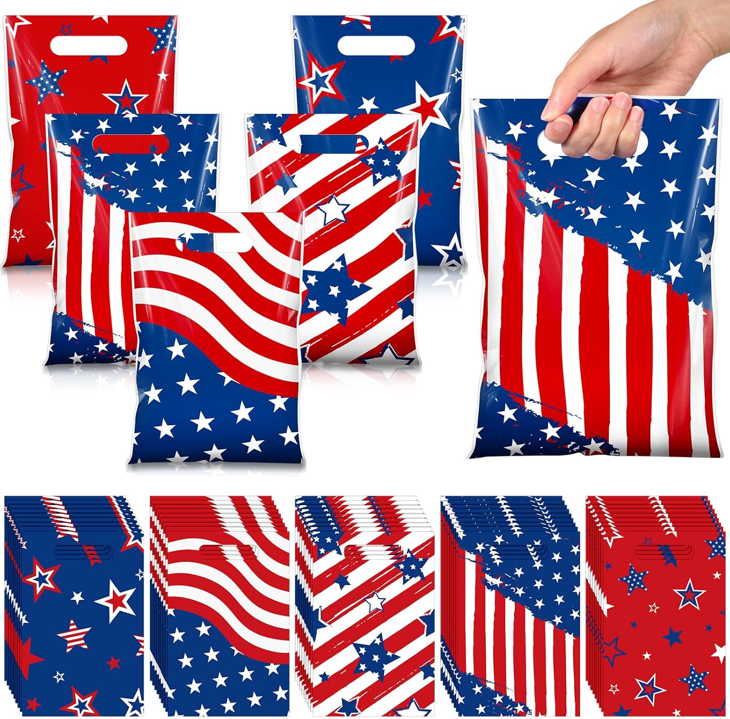 Blosssound 50 Pcs Patriotic Gift Bags 4th of July Party Favor Plastic American Flag Decorative Goodies Treat Bag with Handles for Independence Day Memorial Day Party Gift Wrapping Supplies Decor
