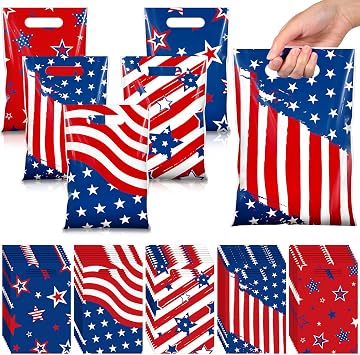 Blosssound 50 Pcs Patriotic Gift Bags 4th of July Party Favor Plastic American Flag Decorative Goodies Treat Bag with Handles for Independence Day Memorial Day Party Gift Wrapping Supplies Decor