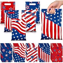 Blosssound 50 Pcs Patriotic Gift Bags 4th of July Party Favor Plastic American Flag Decorative Goodies Treat Bag with Handles for Independence Day Memorial Day Party Gift Wrapping Supplies Decor