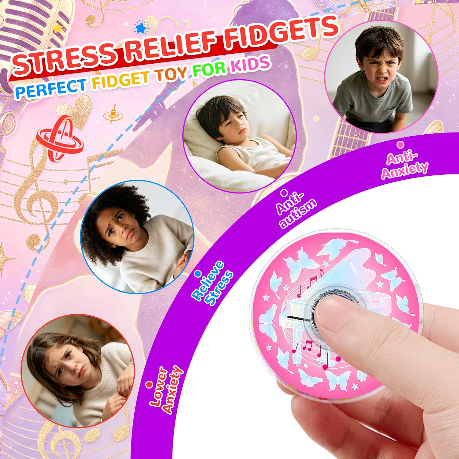 52 Pack Music Star Party Favors Fidget Spinner for Kids Birthday, Singer Fidget Spinner Bulk for Classroom Rewards, Goodie Bag Stuffers, Pop Music Party Supplies image 3