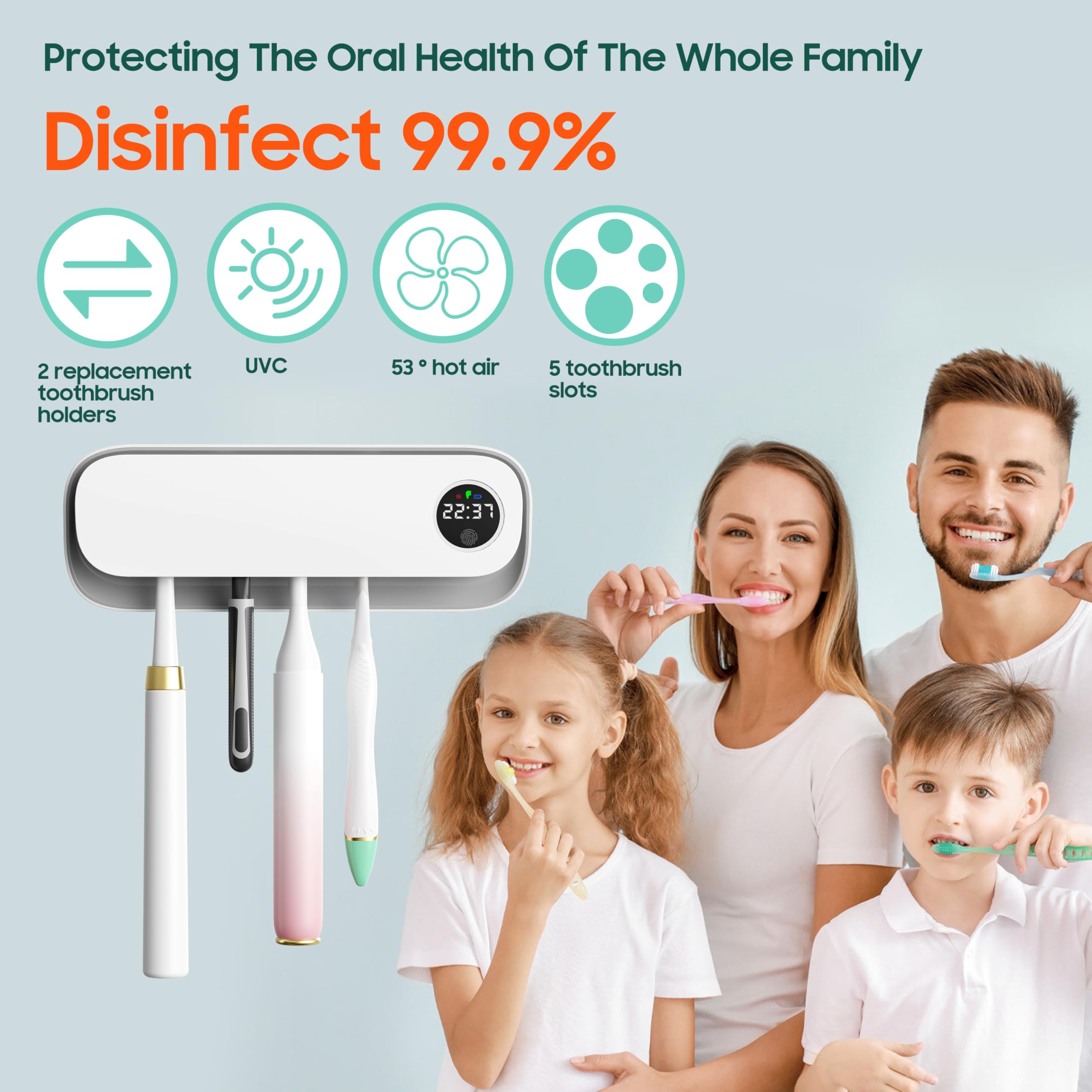 BlueBark Soporte de cepillo de dientes UV para baños, soporte de secado al aire, accesorios de baño para el hogar inteligente, función de temporizador y 5 ranuras para cepillos de dientes, soporte