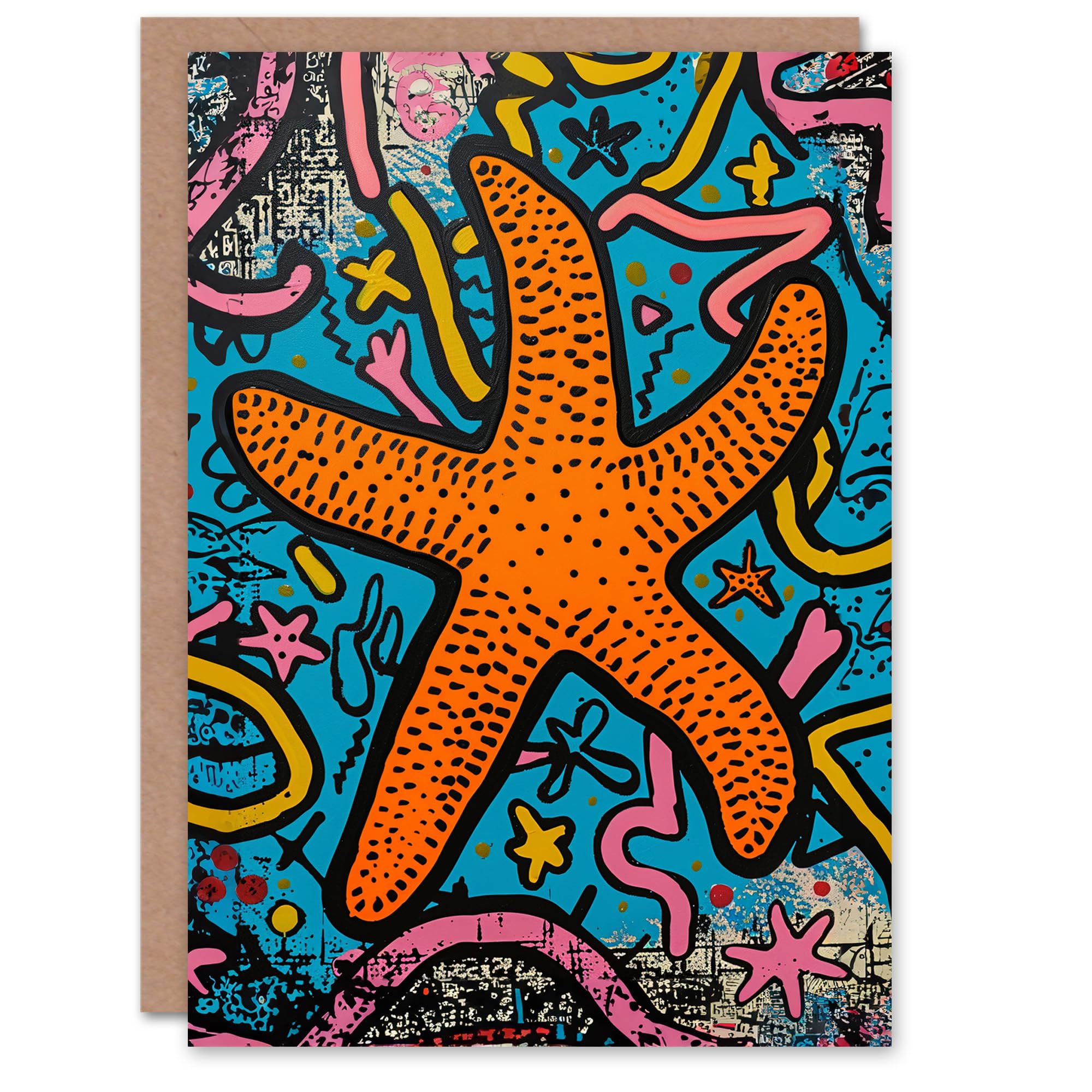 Artery8 Kids Birthday Card Starfish Abstract Pattern Graffiti Style Orange