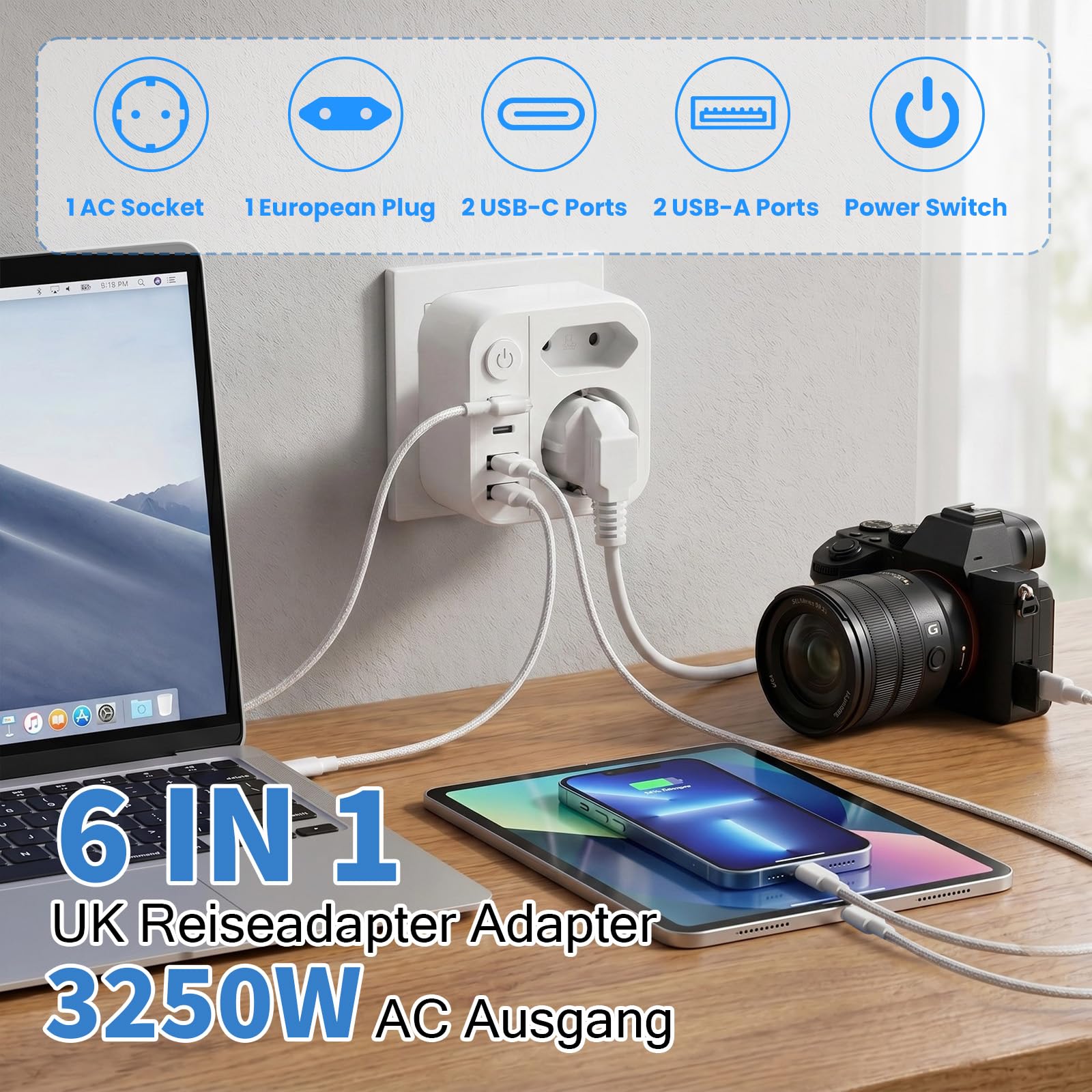 6 en 1 Adaptateur Prise Anglaise UK,3250W Adaptateur de Voyage UK avec 2 Prises,2 USB,2 Type-C,Adaptateur Type G pour Irlande Dubaï Malaisie Maldives Angleterre