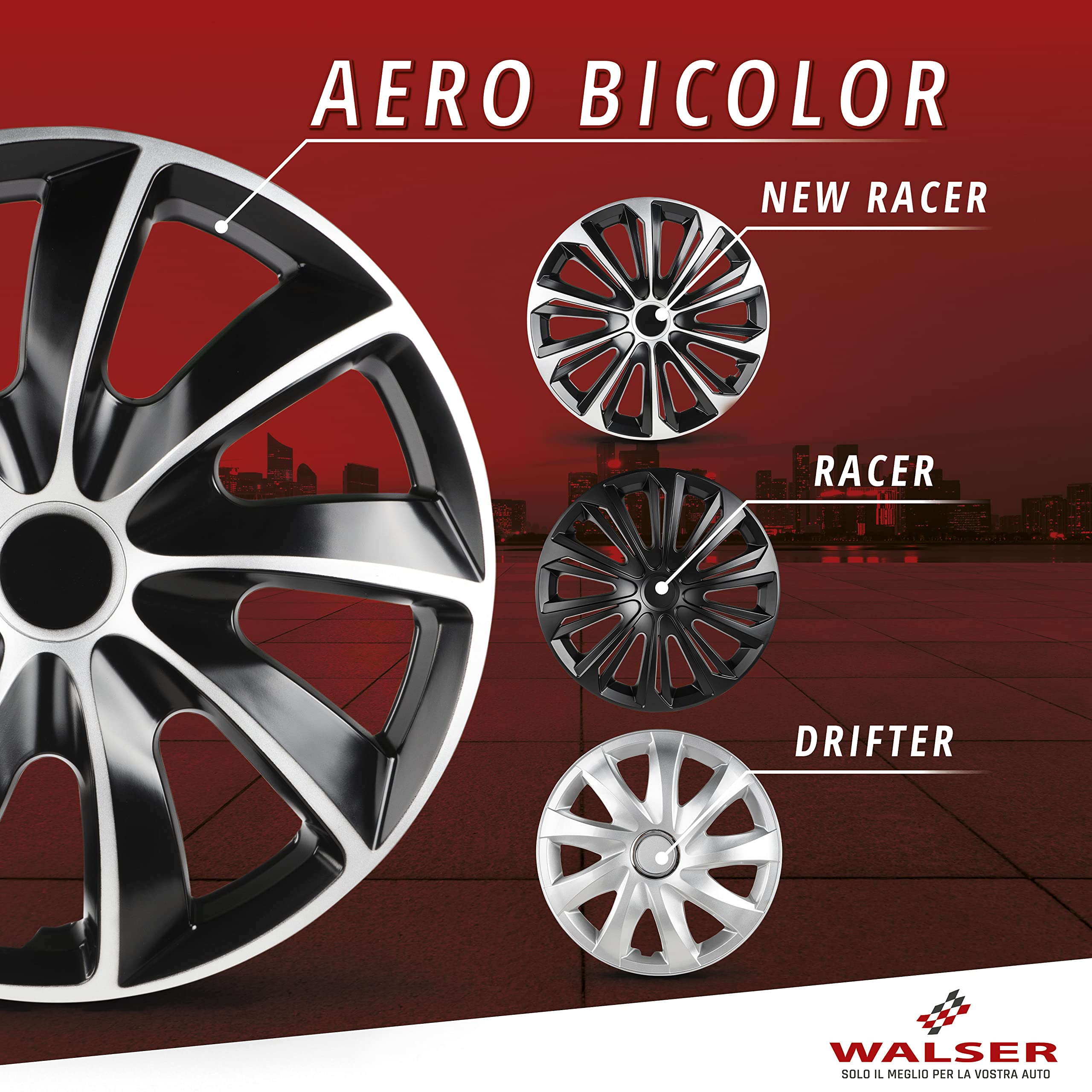 WALSER coprimozzi Aero Bicolor 15", Premio Molto Buono* set di quattro copricerchi universali cerchi, coperture del cerchione in look alluminio, copricerchi in look sportivo e moderno nero/argento