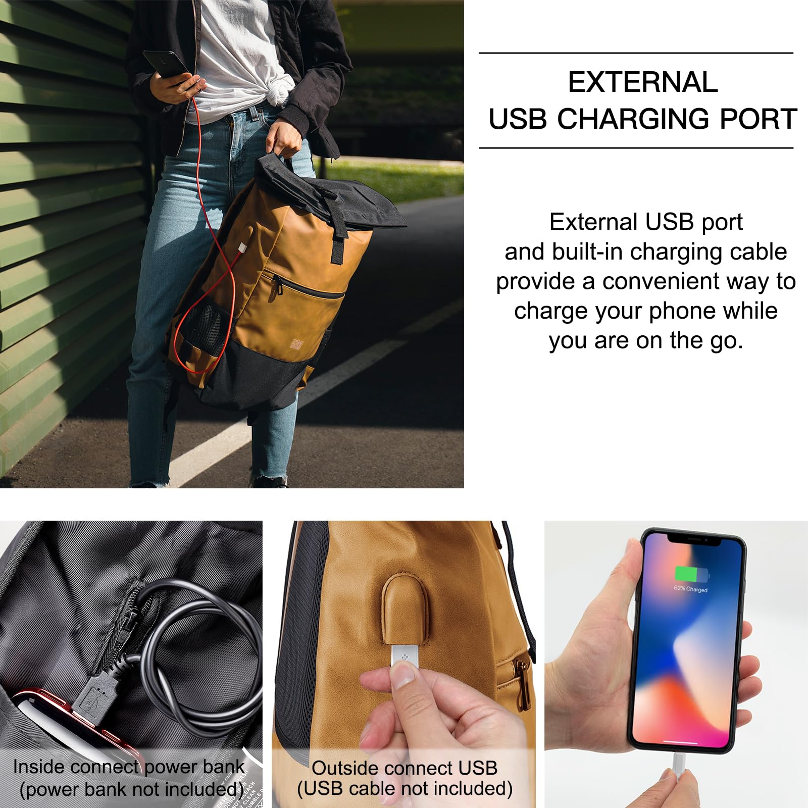 EverVanz Sacs à Dos Homme/Femme pour Ordinateur Portable 17 pouces - Imperméable- port de charge USB - Zip d’Accès Rapide - Roll Top - Résistant à l'eau - Loisirs/Affaire/Scolaire/Voyage/Randonnée