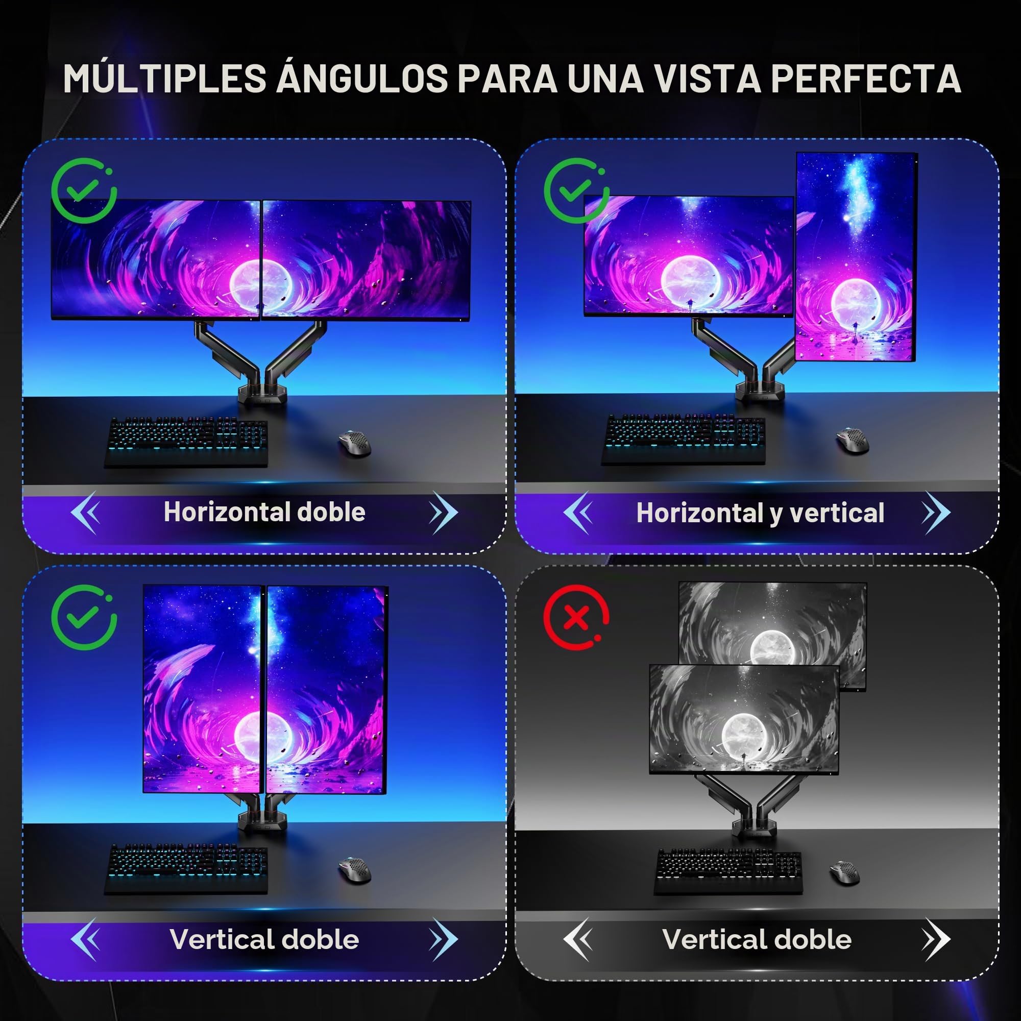 Ares Wing Soporte Monitor Doble 17-35", Brazo Ajustable 12 kg/Arm, Negro | Brazo monitor ergonómico con giro 360°, inclinación, altura ajustable, VESA 75/100mm y gestión de cables