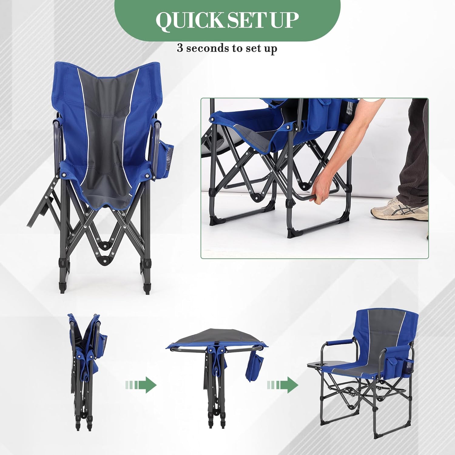 Folding Camping Chairs for Adults, Portable Lawn Chair with Side Table, Side Pocket & Beverage Holder, Heavy Duty Director Chair for Outside Rv Beach Yard Garden Deck