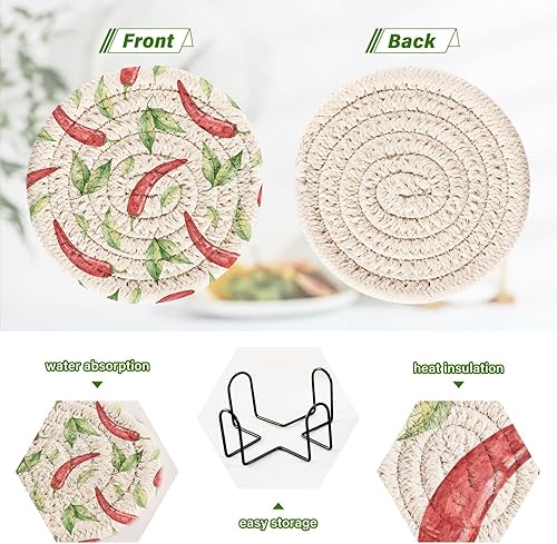 Miniatura 4 de innewgogo Red Hot Chili Pepper 6 Pcs Absorbent Drink Coasters for Tabletop Protection Handmade Round Woven Coaster with Holder & Heat Water