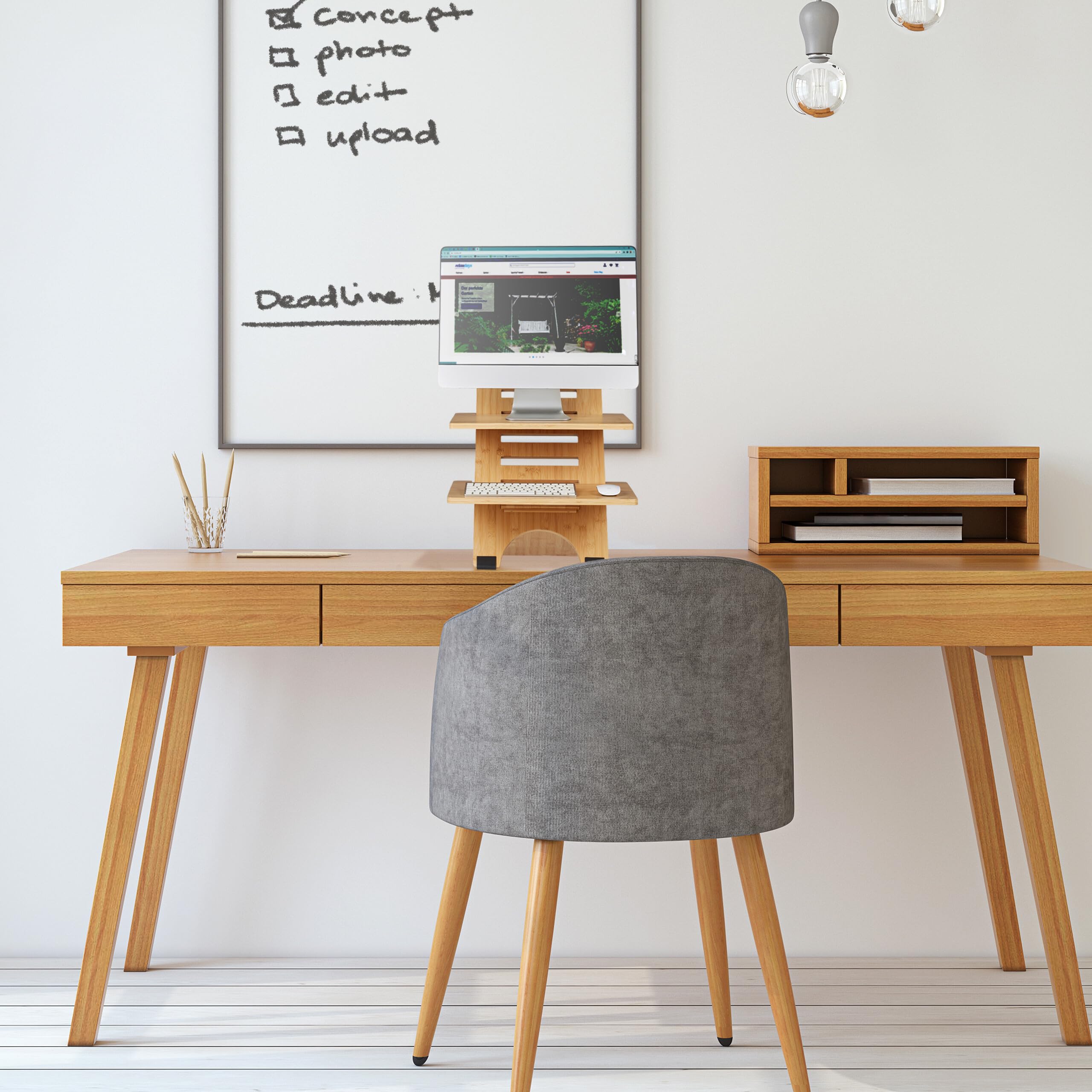 Relaxdays Stehschreibtisch Aufsatz, höhenverstellbar, 2 Ablagen, Bambus, Schreibtischaufsatz, stehend Arbeiten, Natur