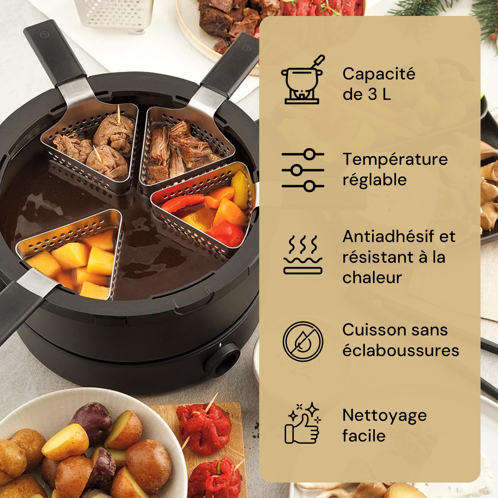 Fondussimo Appareil à Fondue Électrique Evolution 3-en-1 – Service à Fondue avec Caquelon INOX 3 L + Bol Céramique Bain-Marie – 6 Paniers & 6 Pinces – Température Réglable – 4 à 6 Personnes