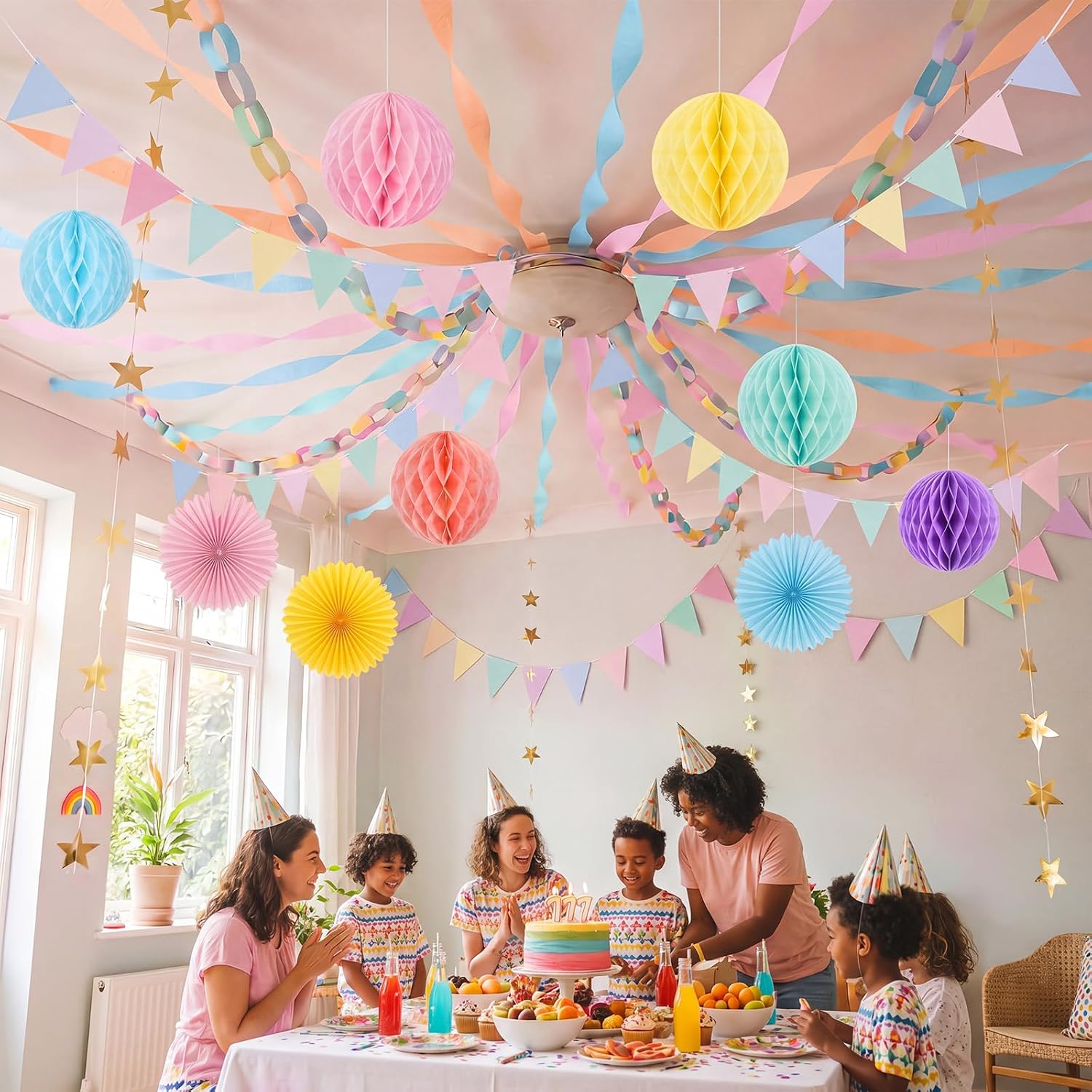 Frienda 300 Sheets Paper Chain Strips Party Decor Crepe Paper Streamers Glitter Star Garlands Backdrop Pennant Banner Honeycomb Balls 10-inch Fan for DIY Wedding Birthday Party Crafts (Pastel)