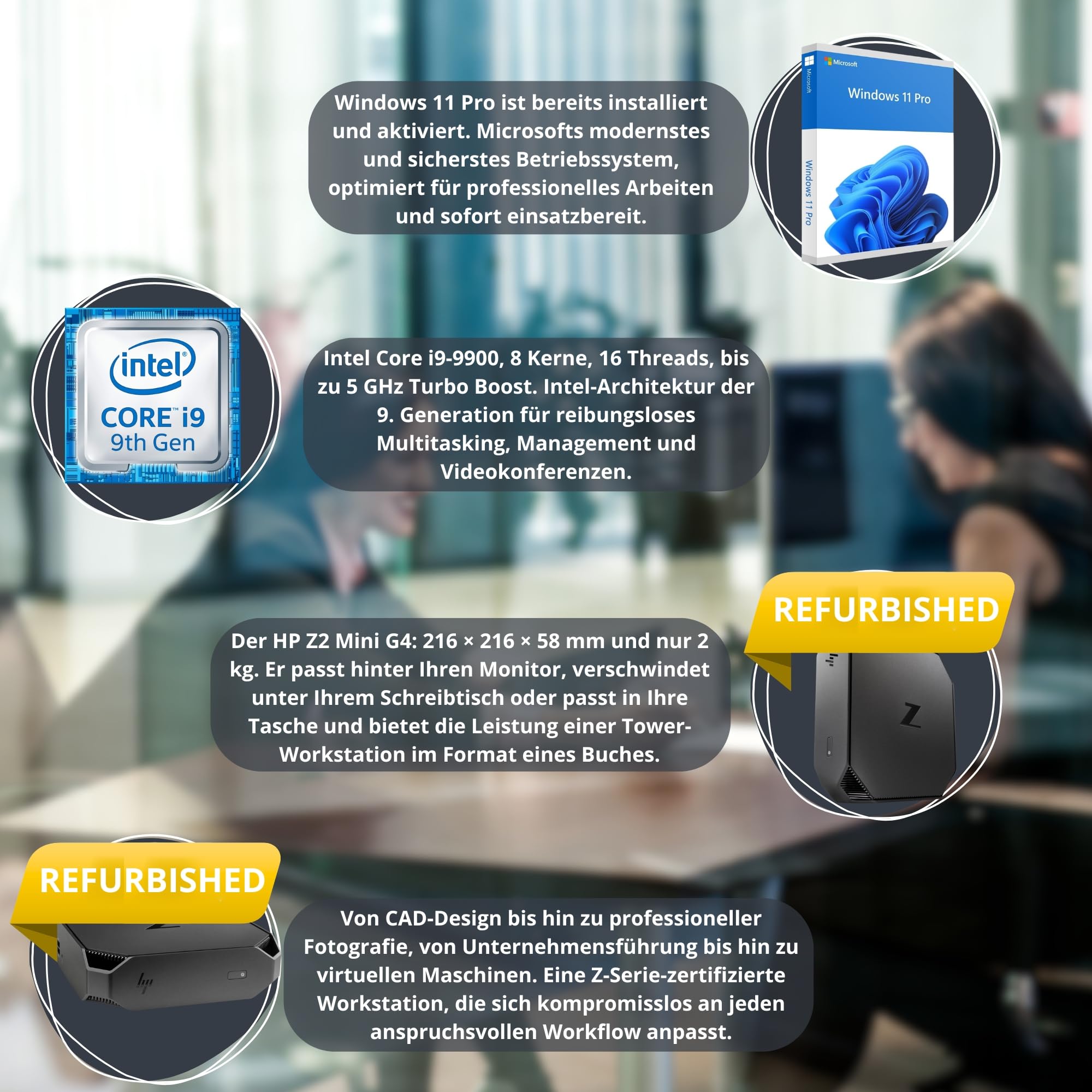 HP Z2 Mini G4 Workstation Professional Mini-PC | Intel Core i9-9900 (16 Threads, 5,0 GHz) | 32 GB | 512 GB NVMe SSD | DisplayPort | Windows 11 Pro | Generalüberholter | 36 Monate Garantie